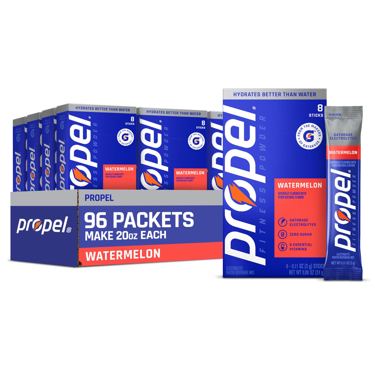 Propel front packaging showing watermelon flavor and 96-serving count for easy identification