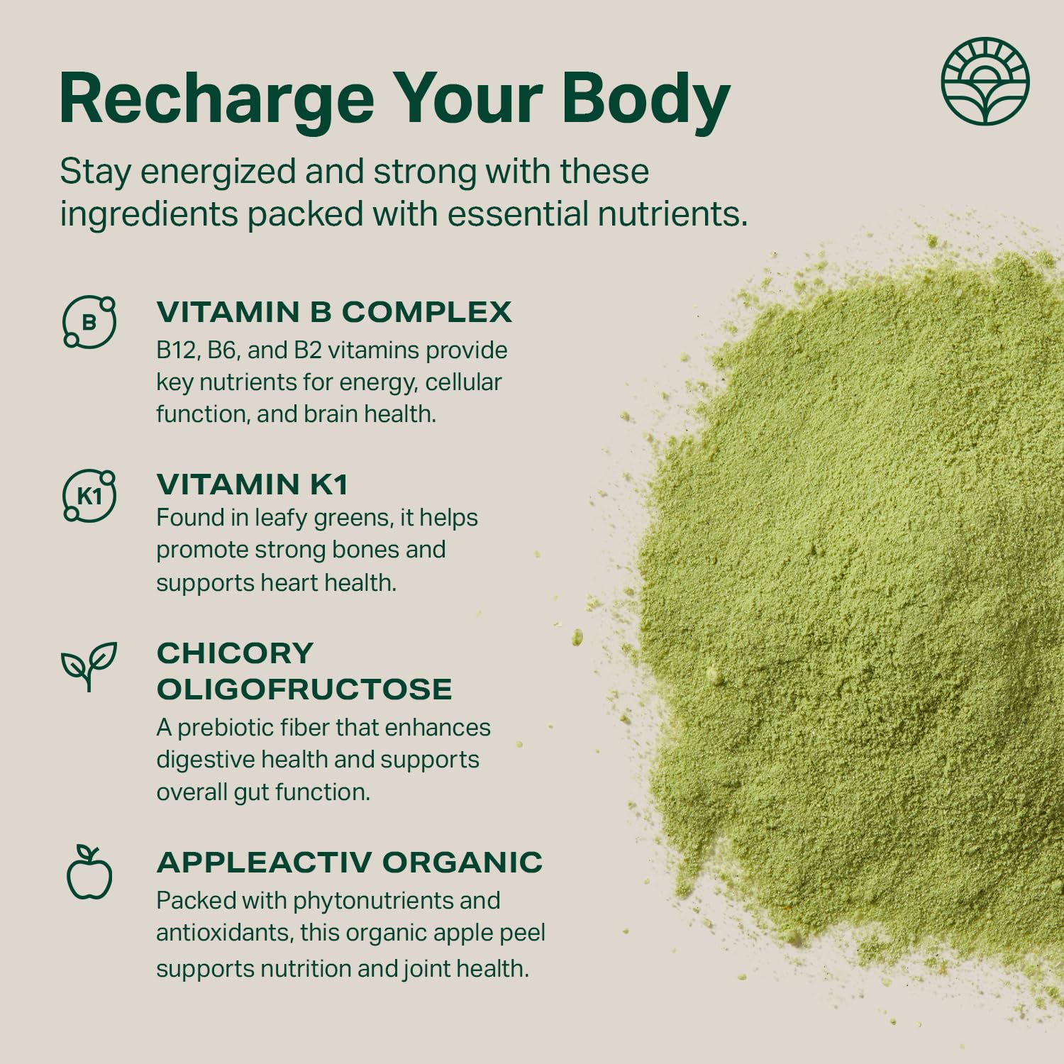 Proper The Greens ingredients spread: wheatgrass, spirulina, chlorella and greens for nutrient variety