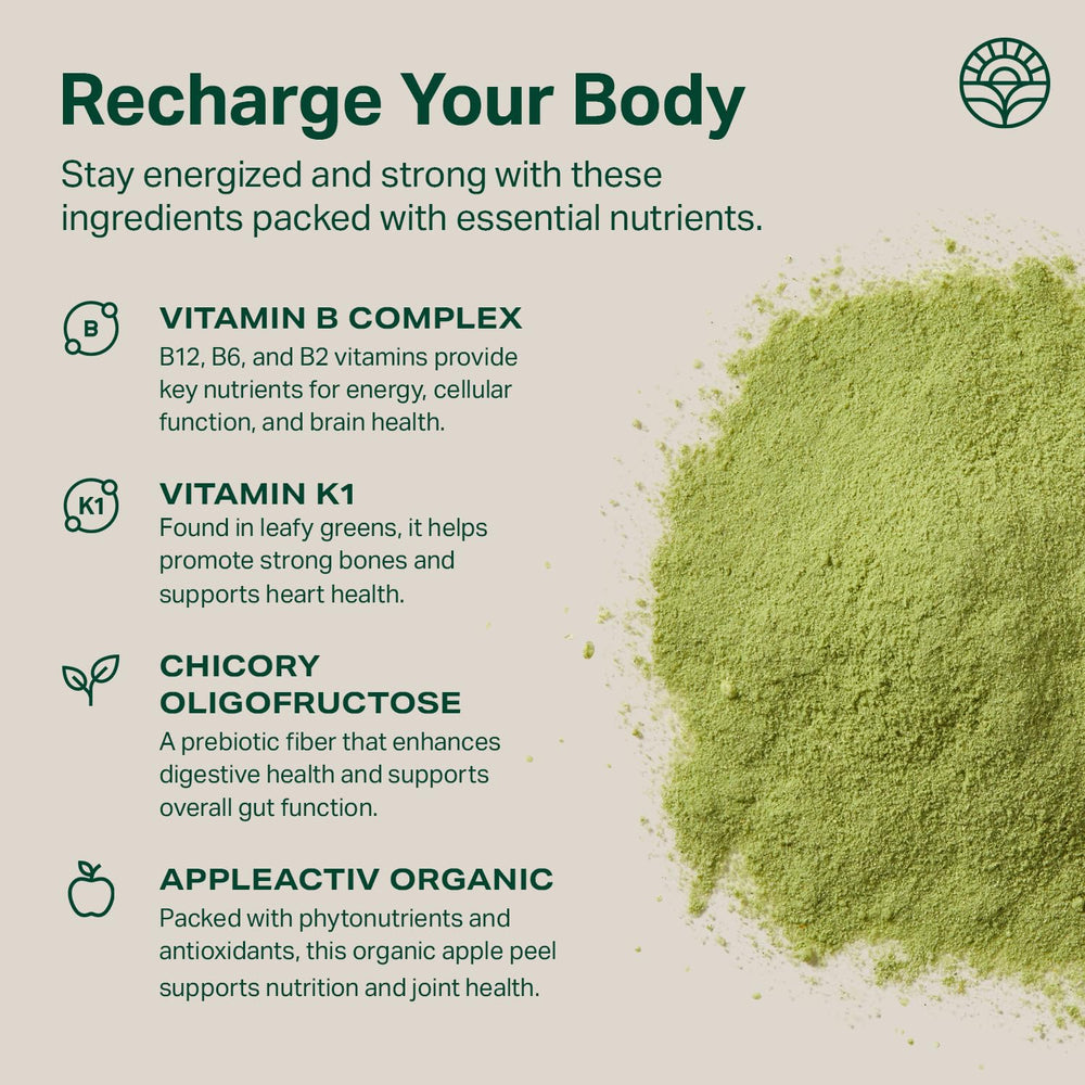 Proper The Greens ingredients spread: wheatgrass, spirulina, chlorella and greens for nutrient variety
