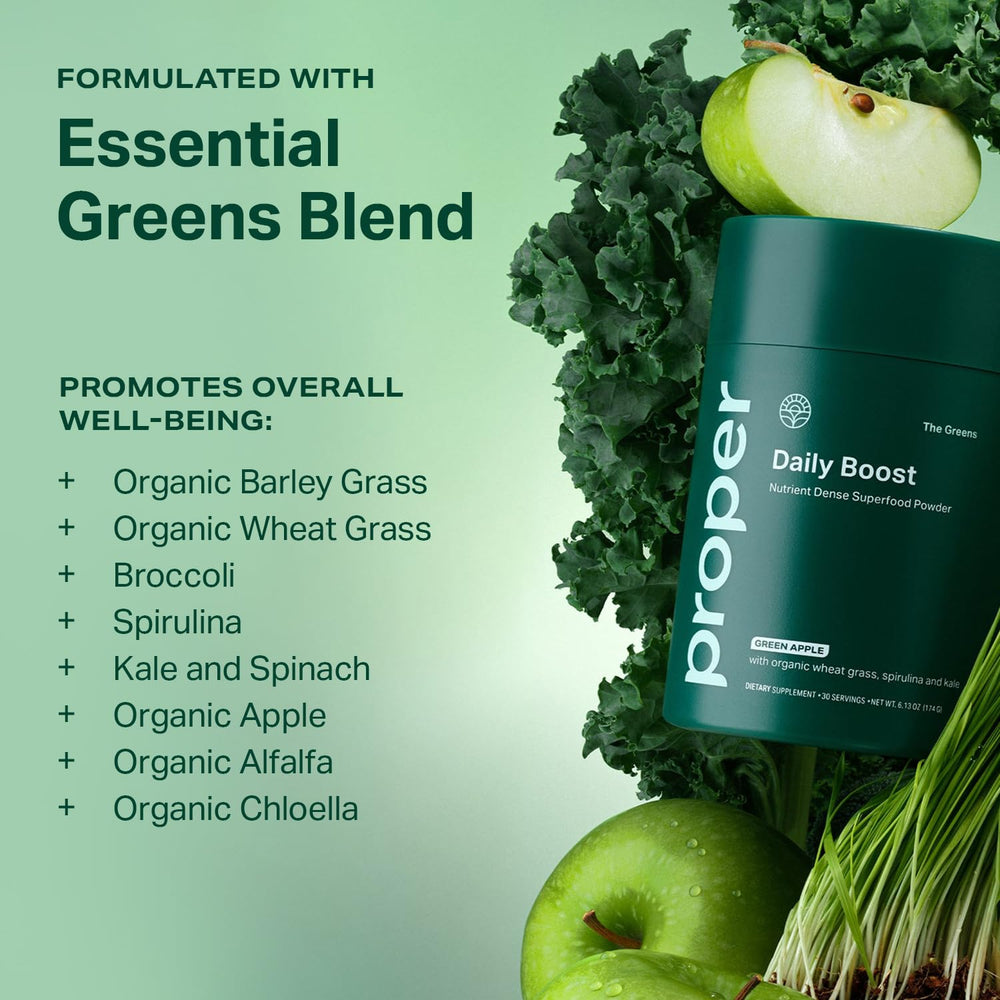 Proper The Greens scoop of powder emphasizing single-serving convenience and portion control