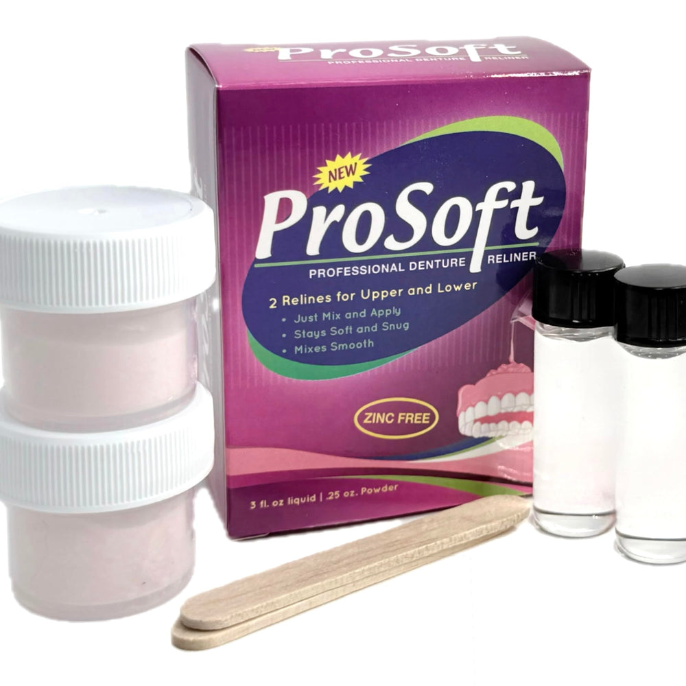 ProSoft Professional Denture Reliner front packaging showing kit and benefit of easy relines