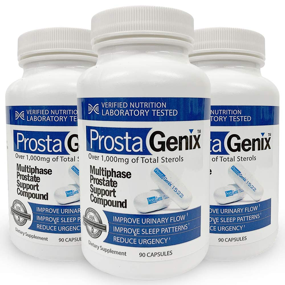 ProstaGenix front packaging showing three bottles and benefits