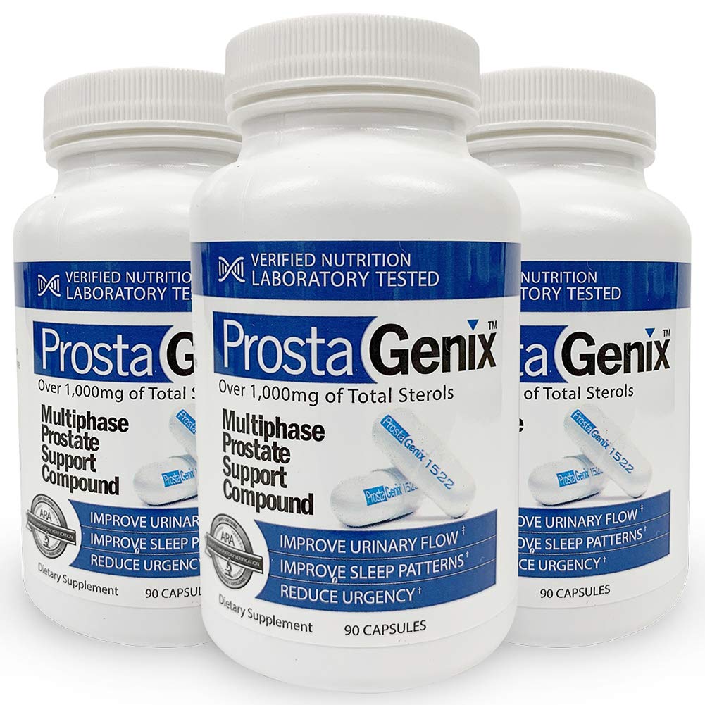 ProstaGenix front packaging showing three bottles and benefits
