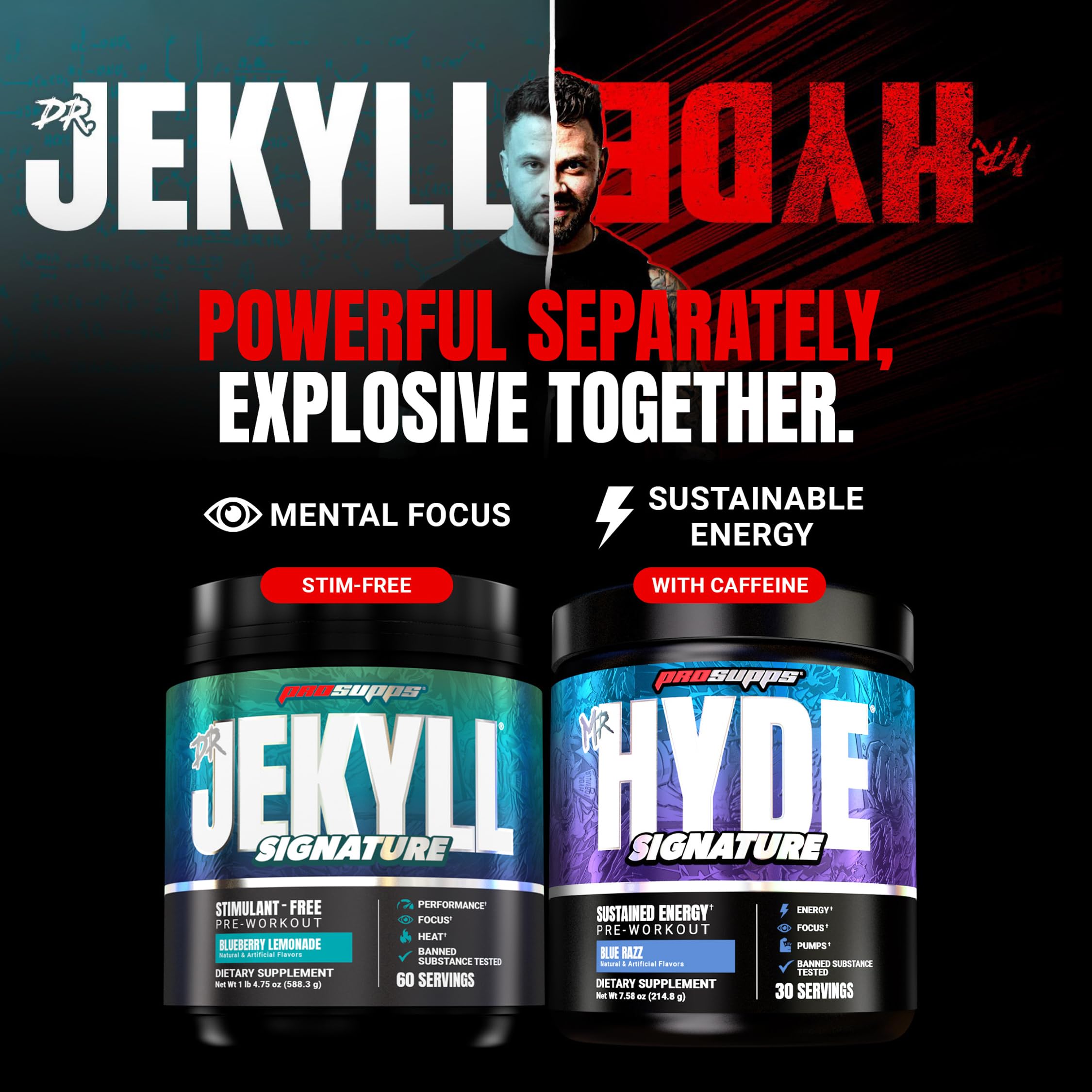 ProSupps Mr. Hyde single serving visual beside water bottle promoting easy pre-workout use