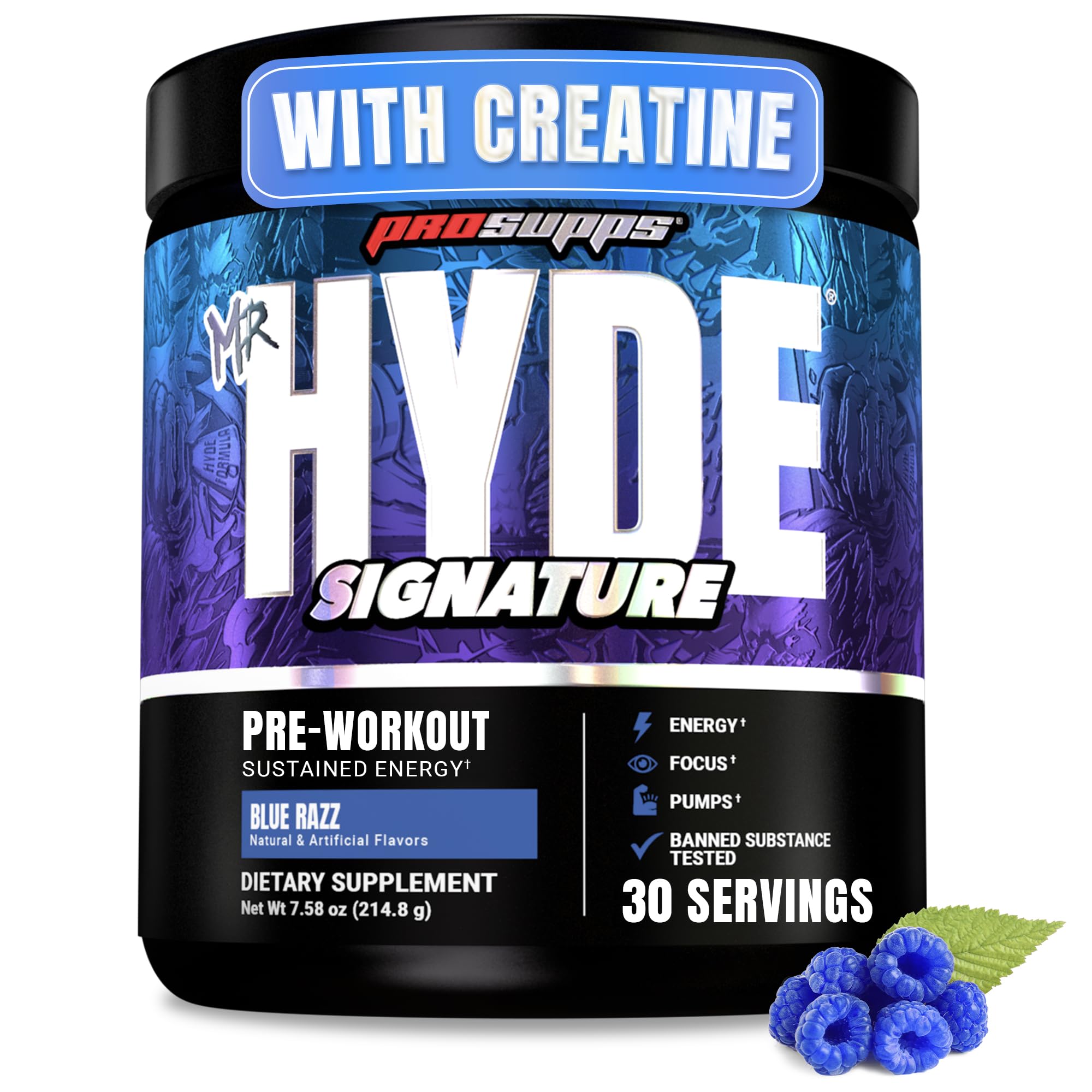 ProSupps Mr. Hyde front container showing brand and Blue Razz flavor for instant recognition