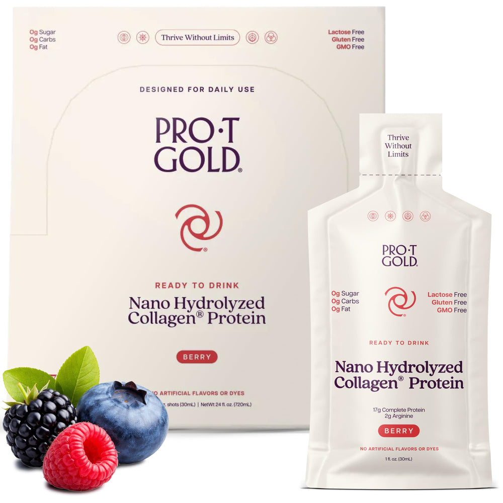 ProT Gold front packaging berry flavor showing convenient 24-pack benefits
