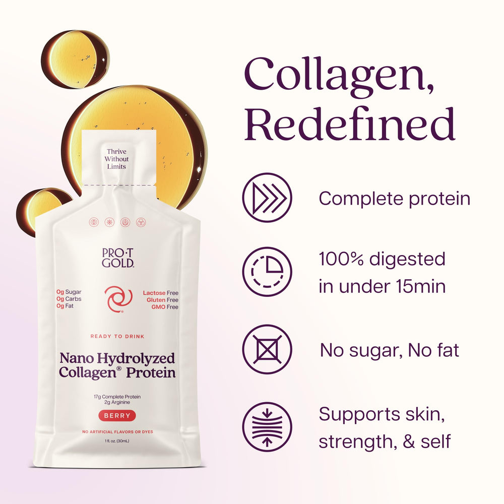 ProT Gold shot pouring into a glass demonstrating fast absorption benefit