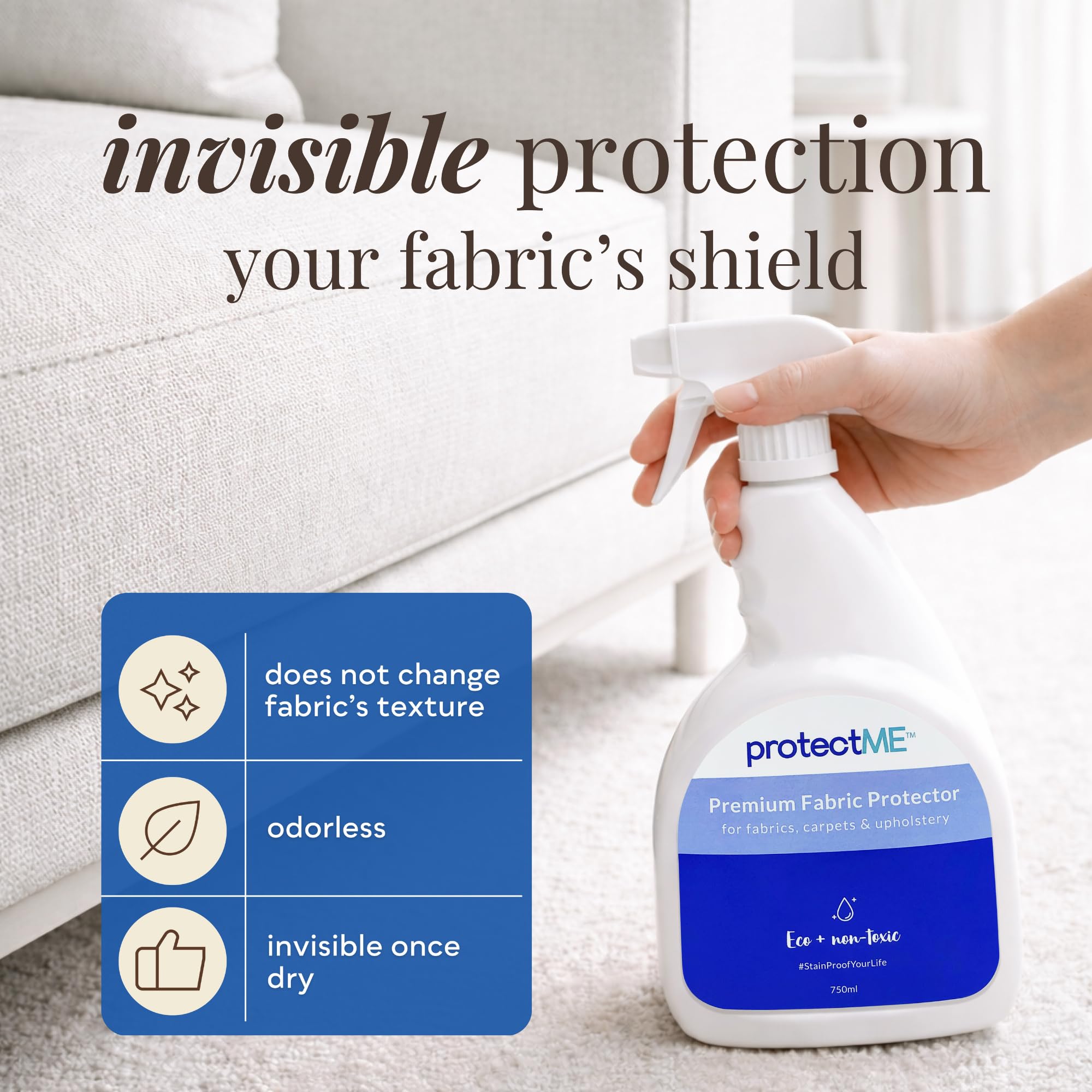 protectME close-up on treated fabric texture showing invisible protection and preserved feel