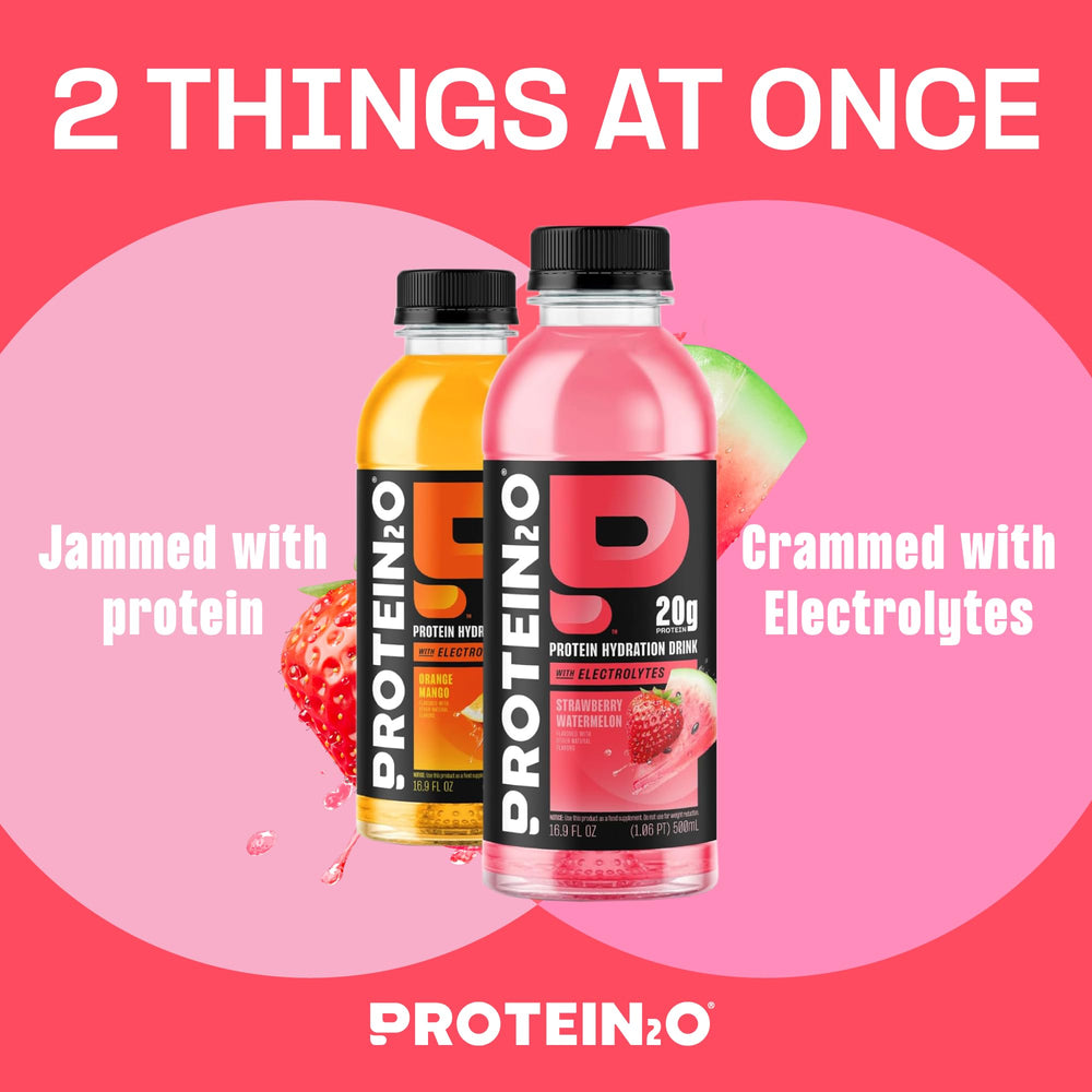 Protein2o front bottle strawberry watermelon showing brand and crisp taste benefit