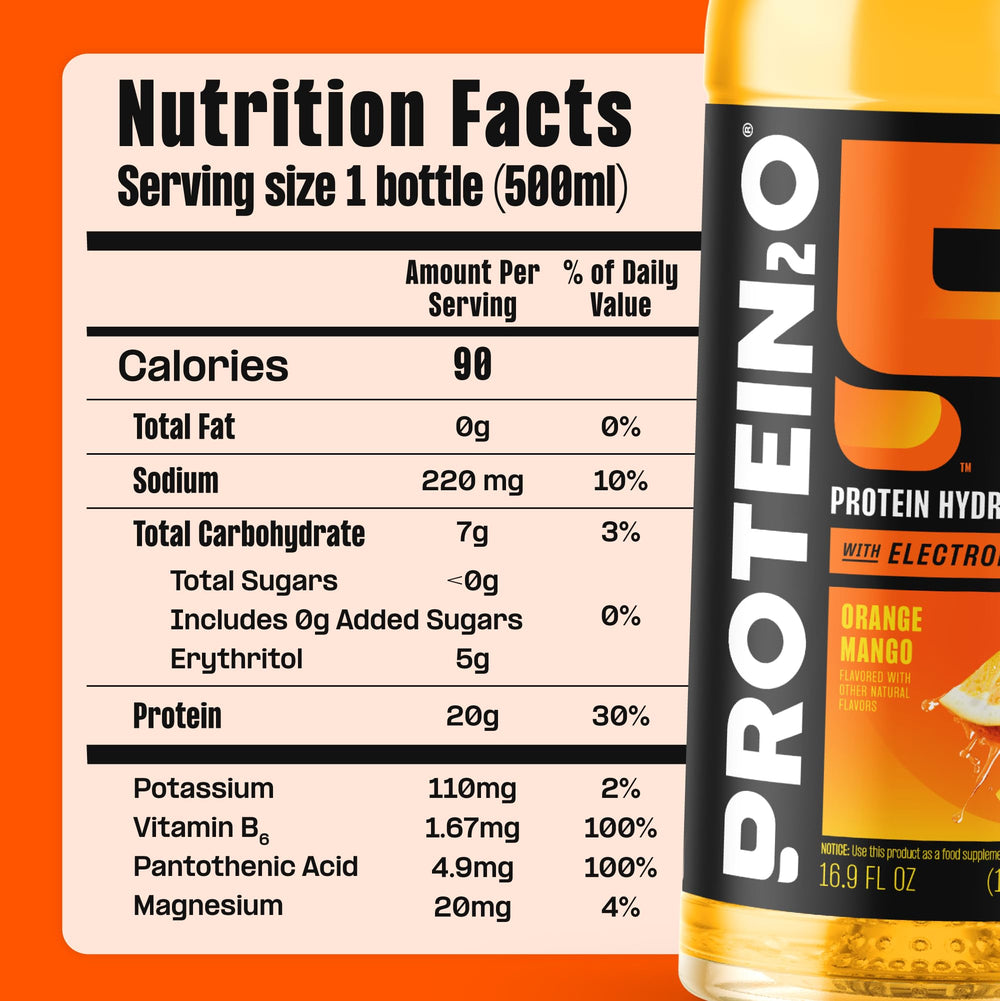 Protein2o bottle beside fresh fruit showing brand and natural fruit-flavored appeal