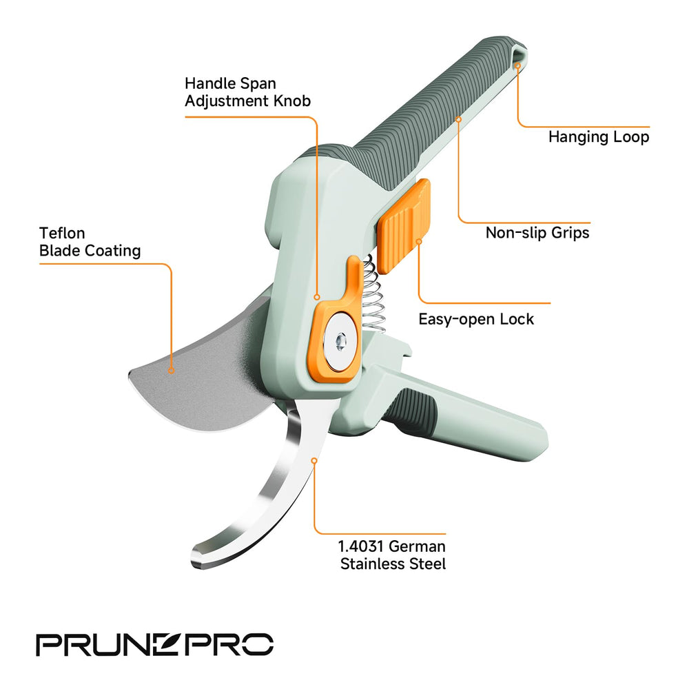 PrunePro label and specifications highlighting durable materials and care
