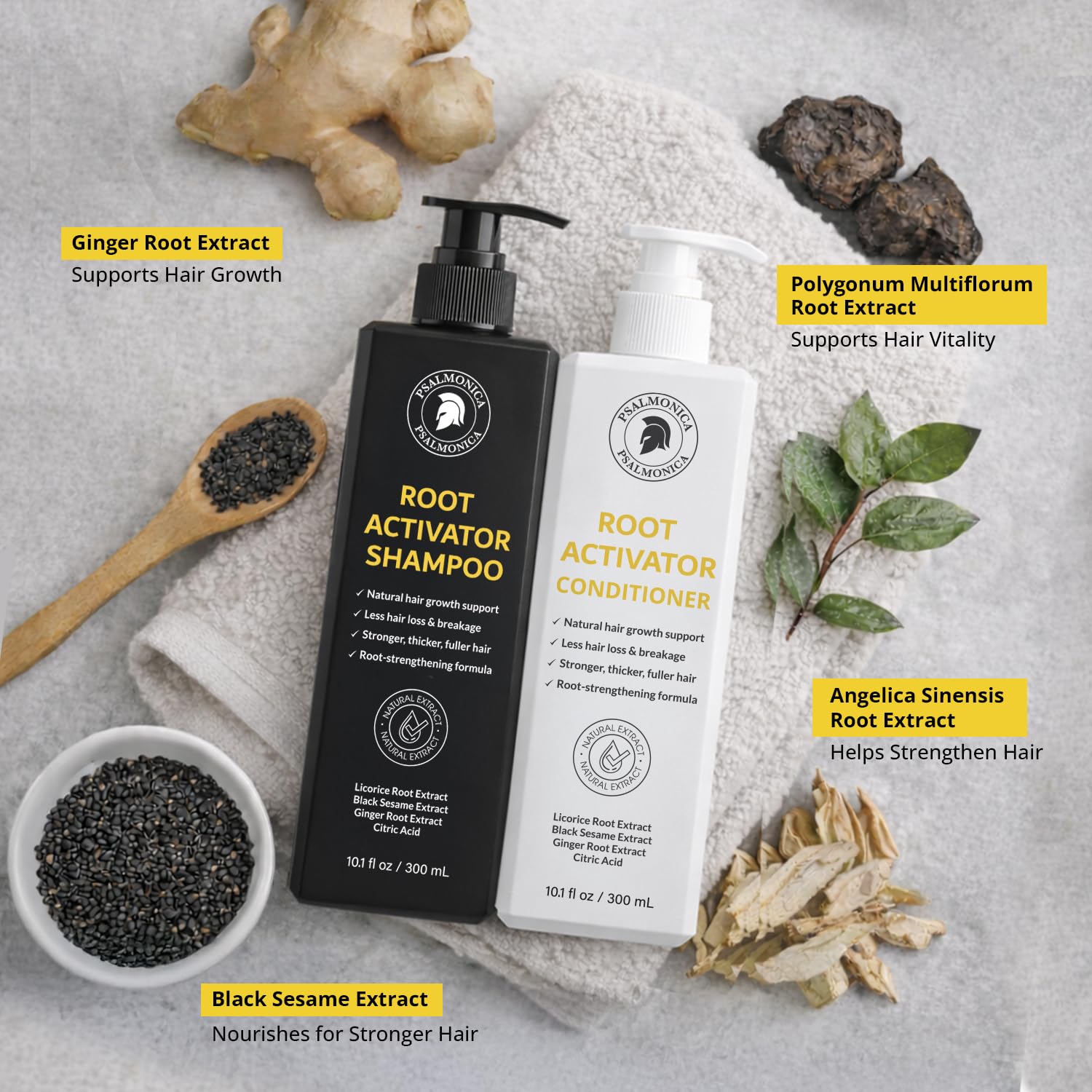 Psalmonica botanical ingredients flatlay with herbs to illustrate natural formulation benefits