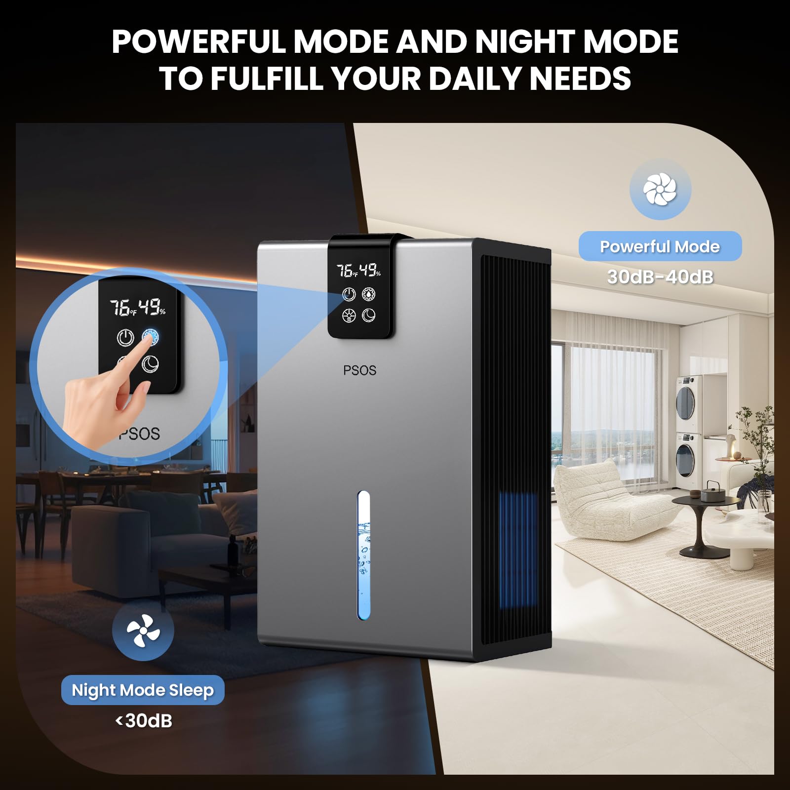 PSOS ambient seven-color light options displayed to create a relaxing room atmosphere