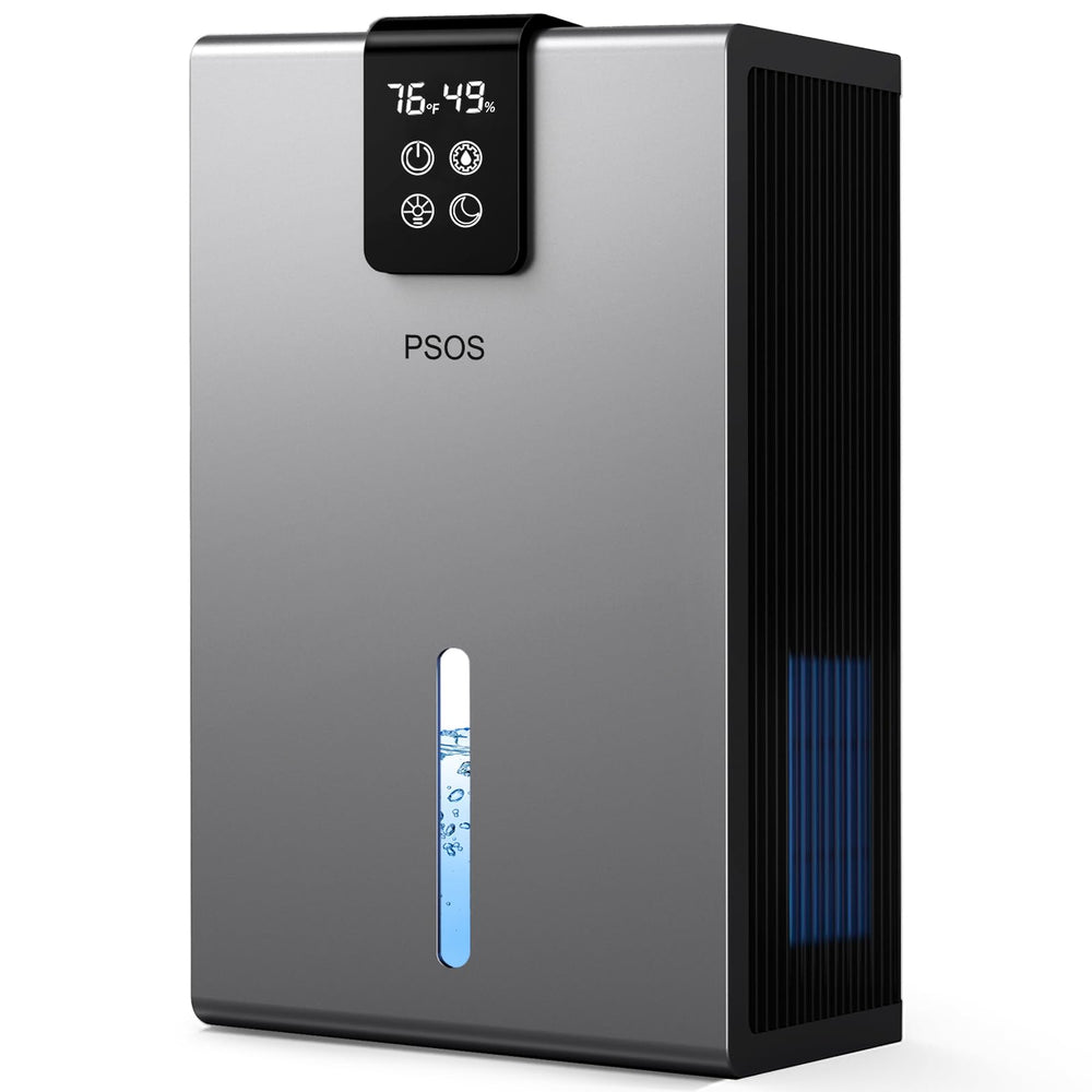 PSOS dehumidifier front view showing compact gray design and large tank for quick moisture removal