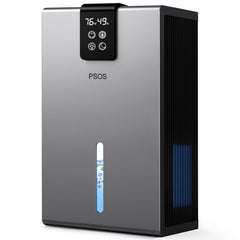 PSOS dehumidifier front view showing compact gray design and large tank for quick moisture removal