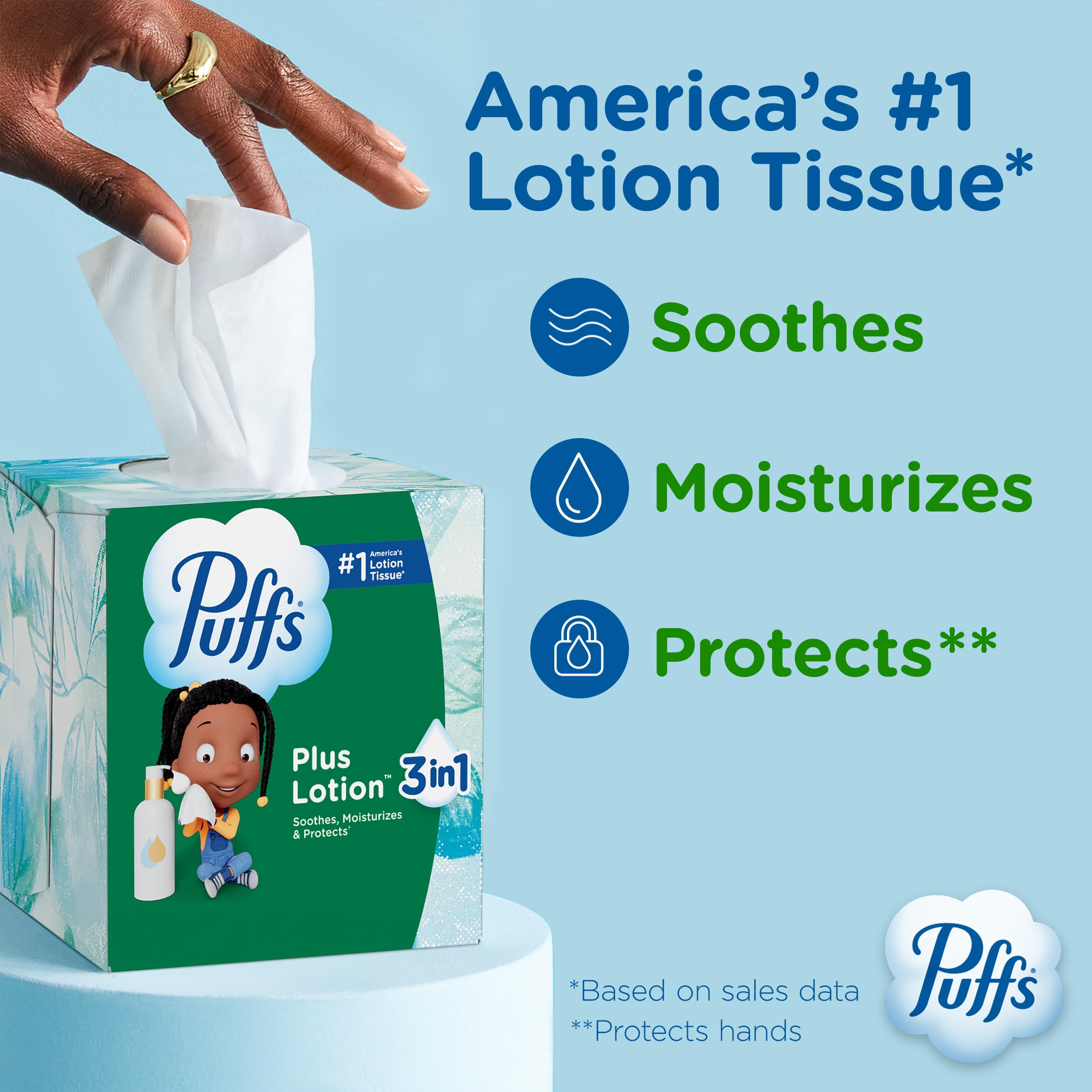 Puffs cube box with tissue partly pulled through top, easy one-handed dispensing