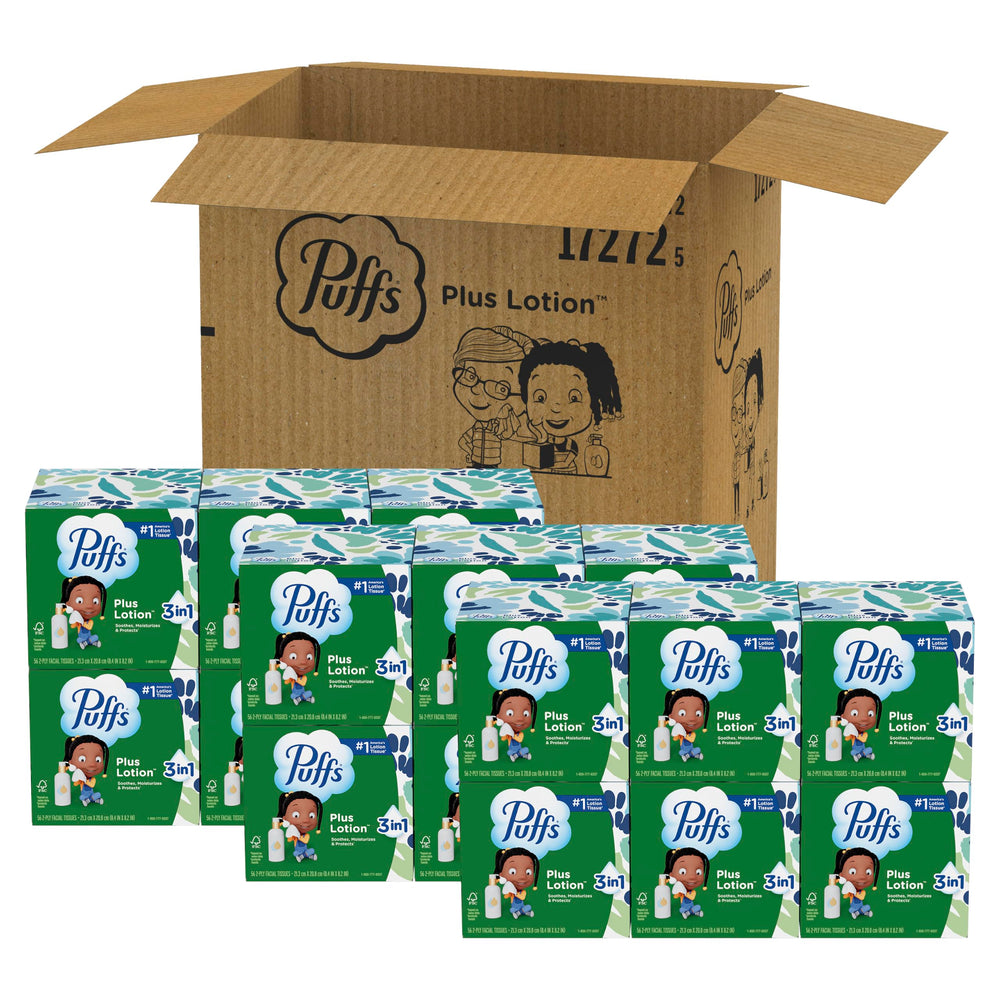 Puffs cube box beside a ruler to show compact size and scale