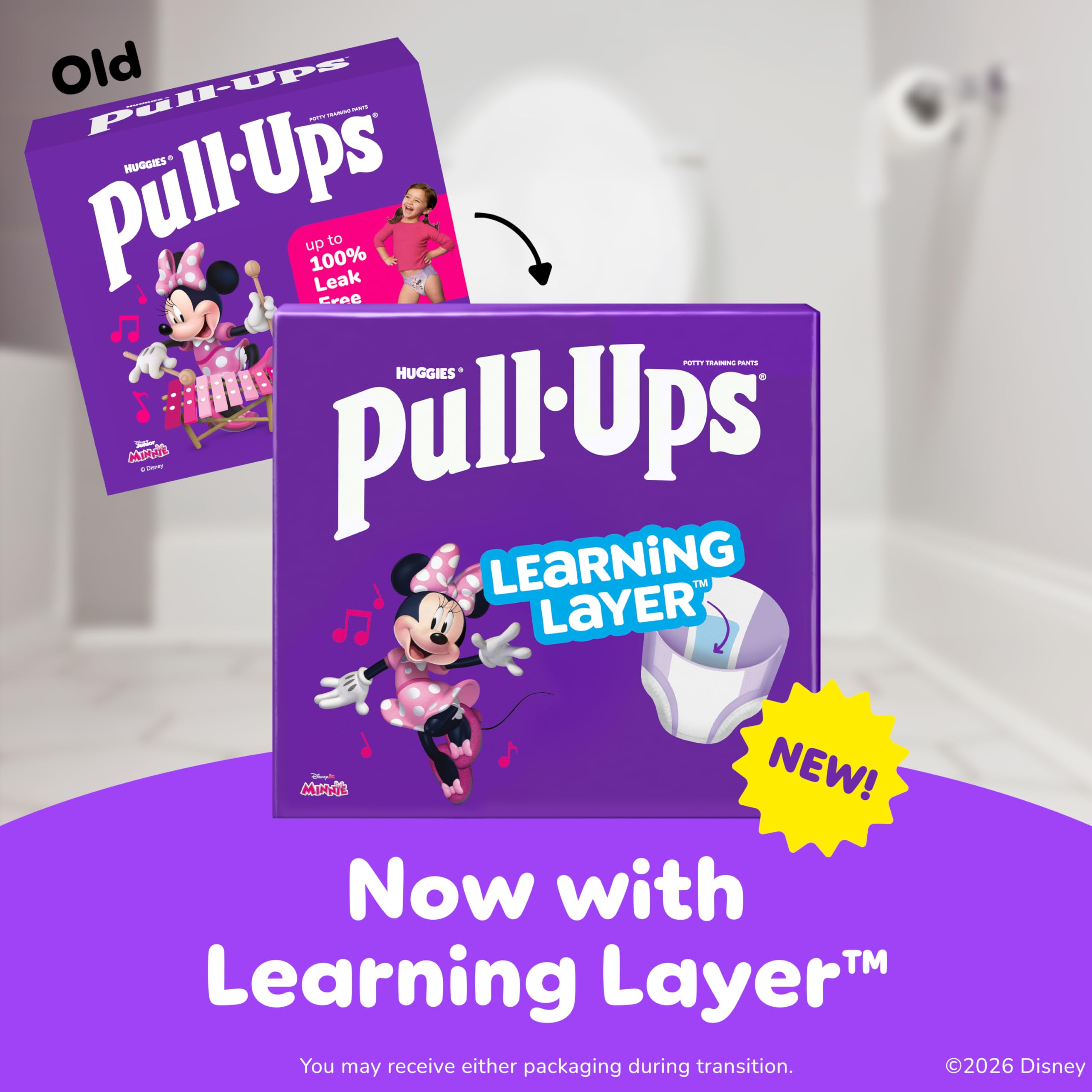 Child wearing Pull-Ups in bathroom scene showing independent use