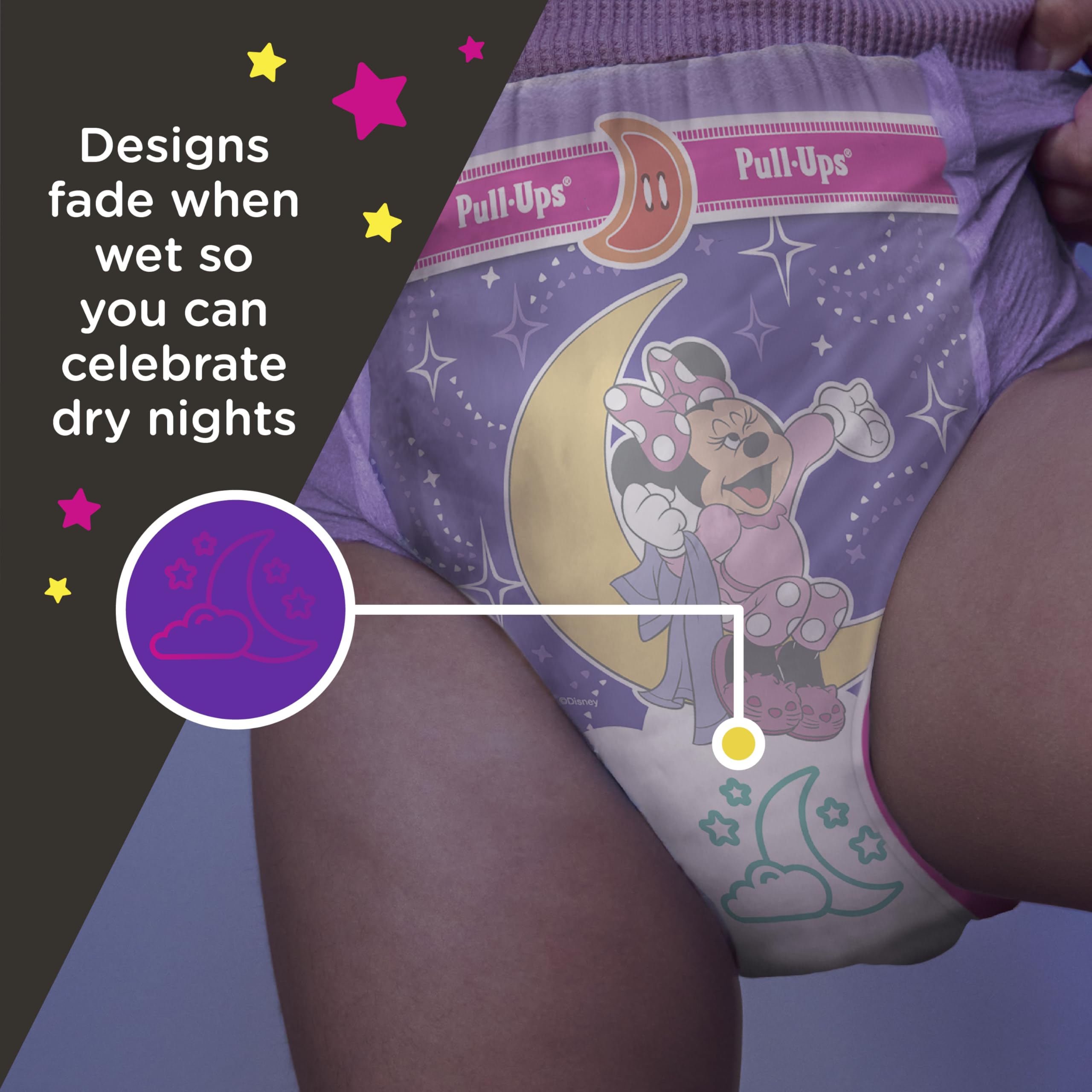 Pull-Ups refastenable side panels highlighted for easy night changes