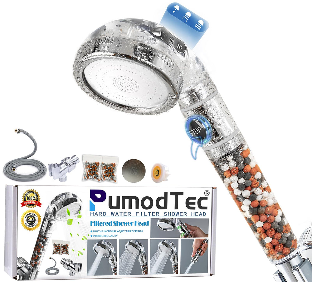 PumodTec front view showing dual head and sleek finish for stronger showers