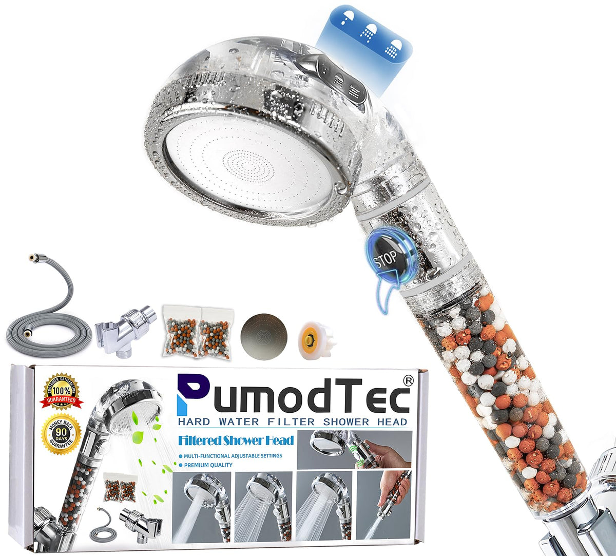 PumodTec front view showing dual head and sleek finish for stronger showers