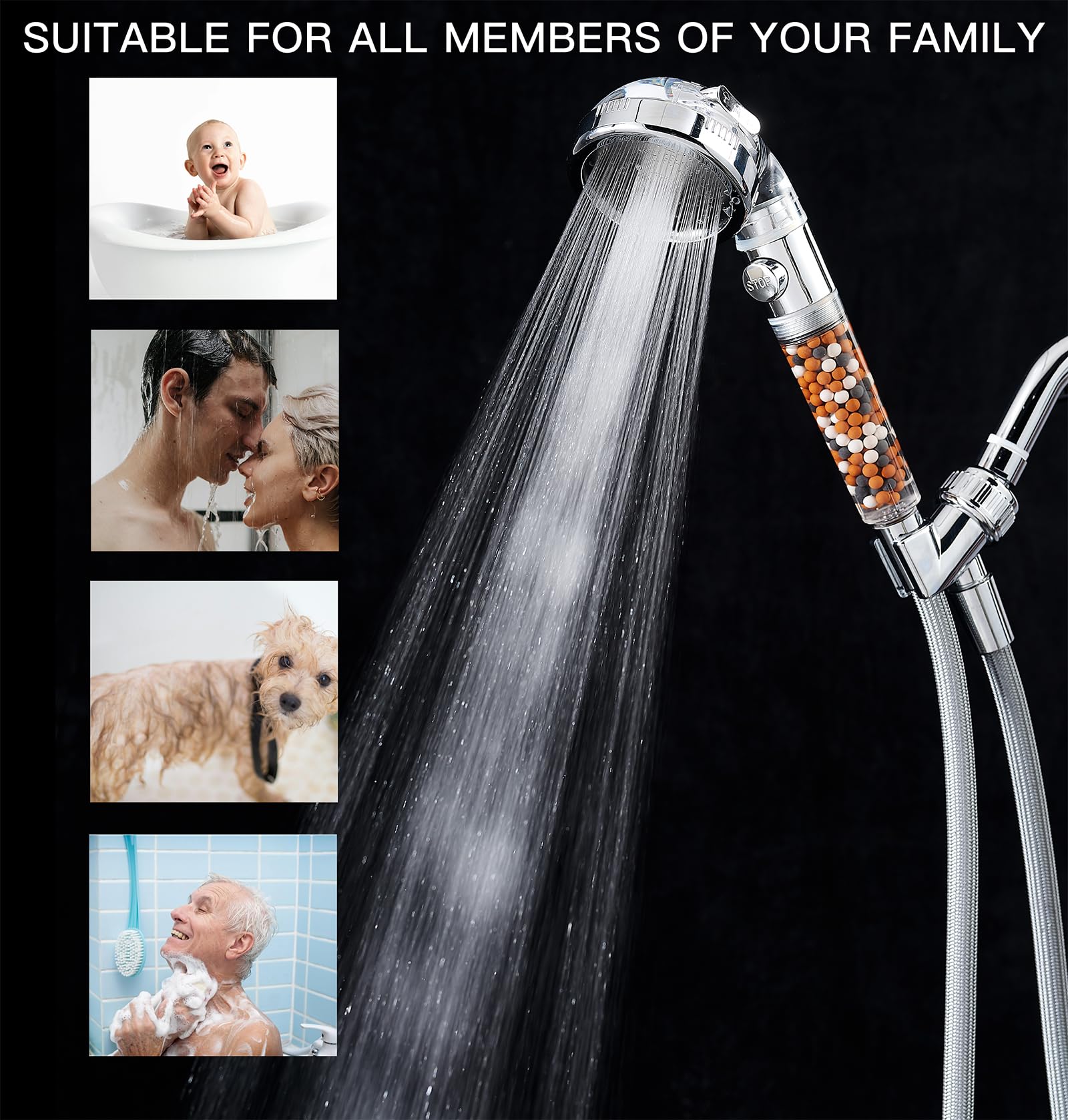 PumodTec spray modes display showing four settings for versatile showers