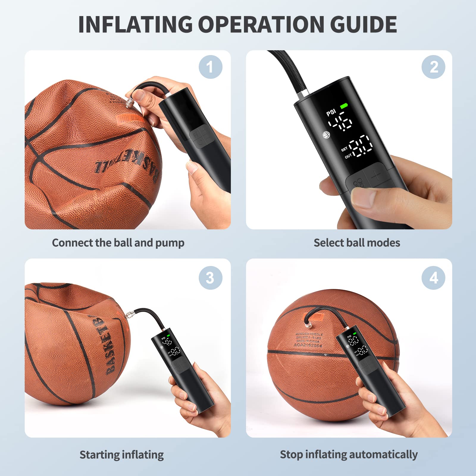 Pumteck MY01 inflating a basketball on court, speeding game setup