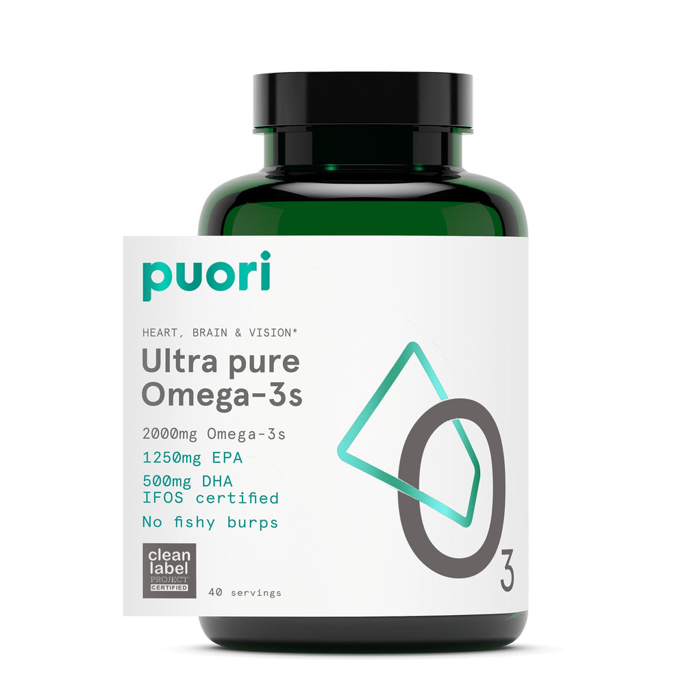 Puori O3 front packaging showing bottle and clean-label certification benefits