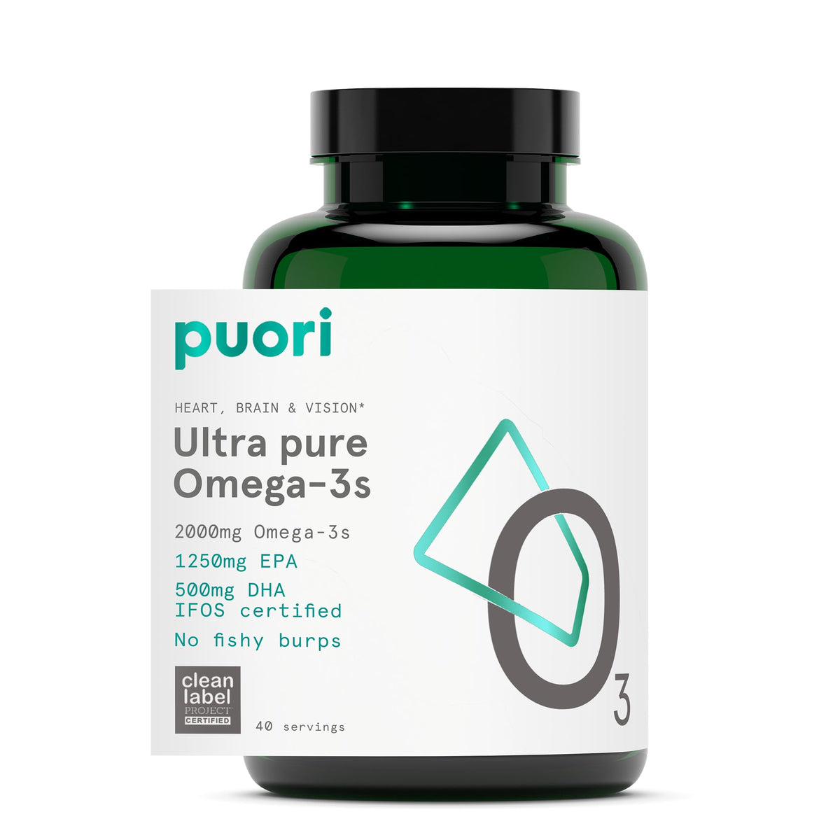 Puori O3 front packaging showing bottle and clean-label certification benefits
