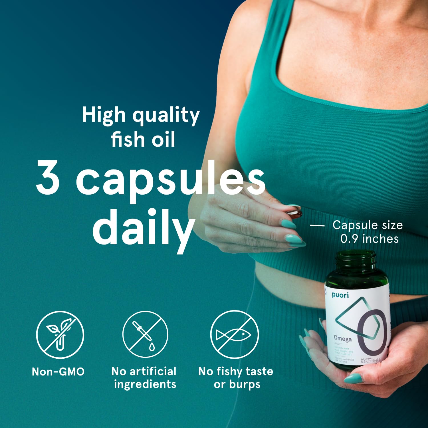 Puori O3 bottle beside a healthy meal showing daily routine supplementation benefit
