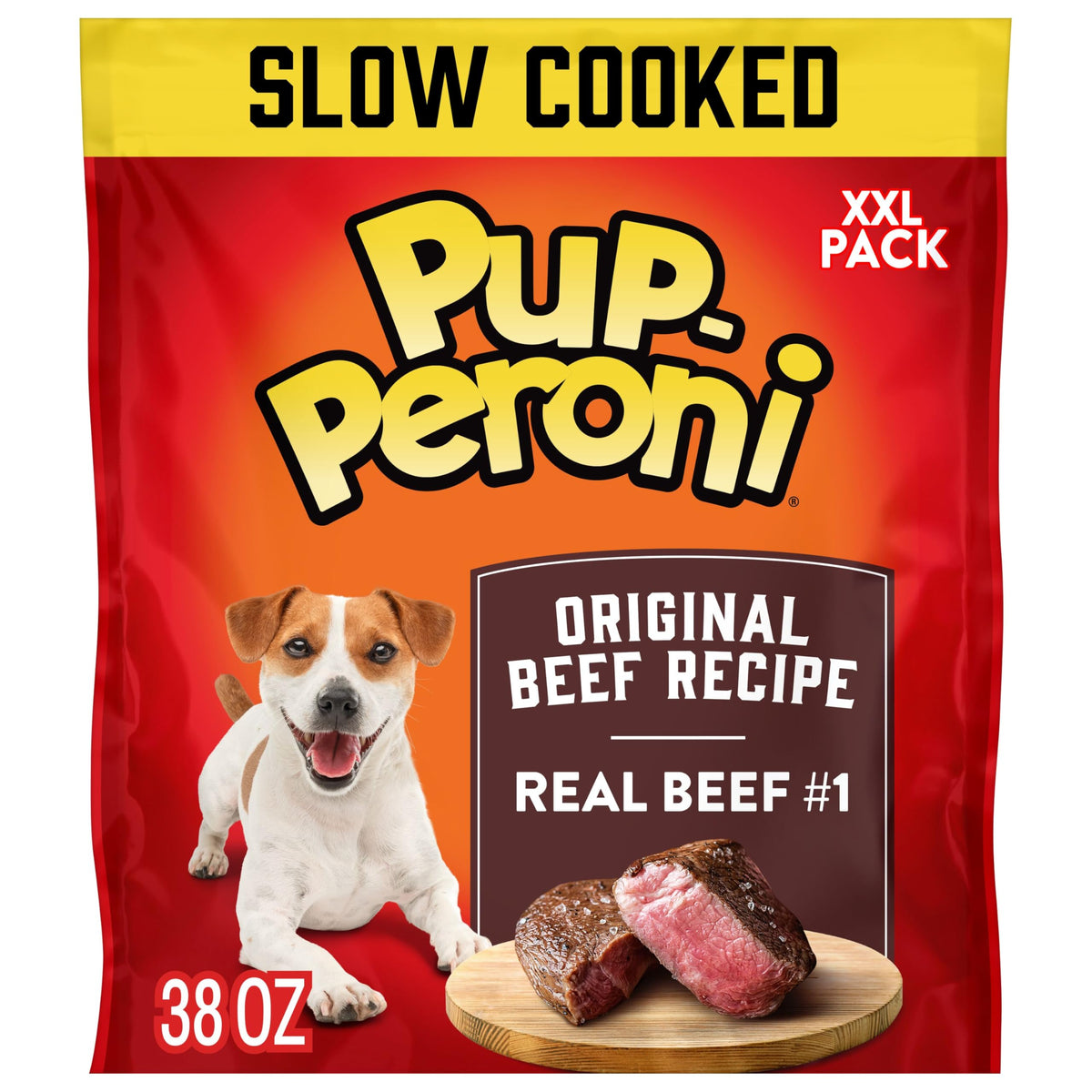 Pup-Peroni front of bag showing product branding and size benefit