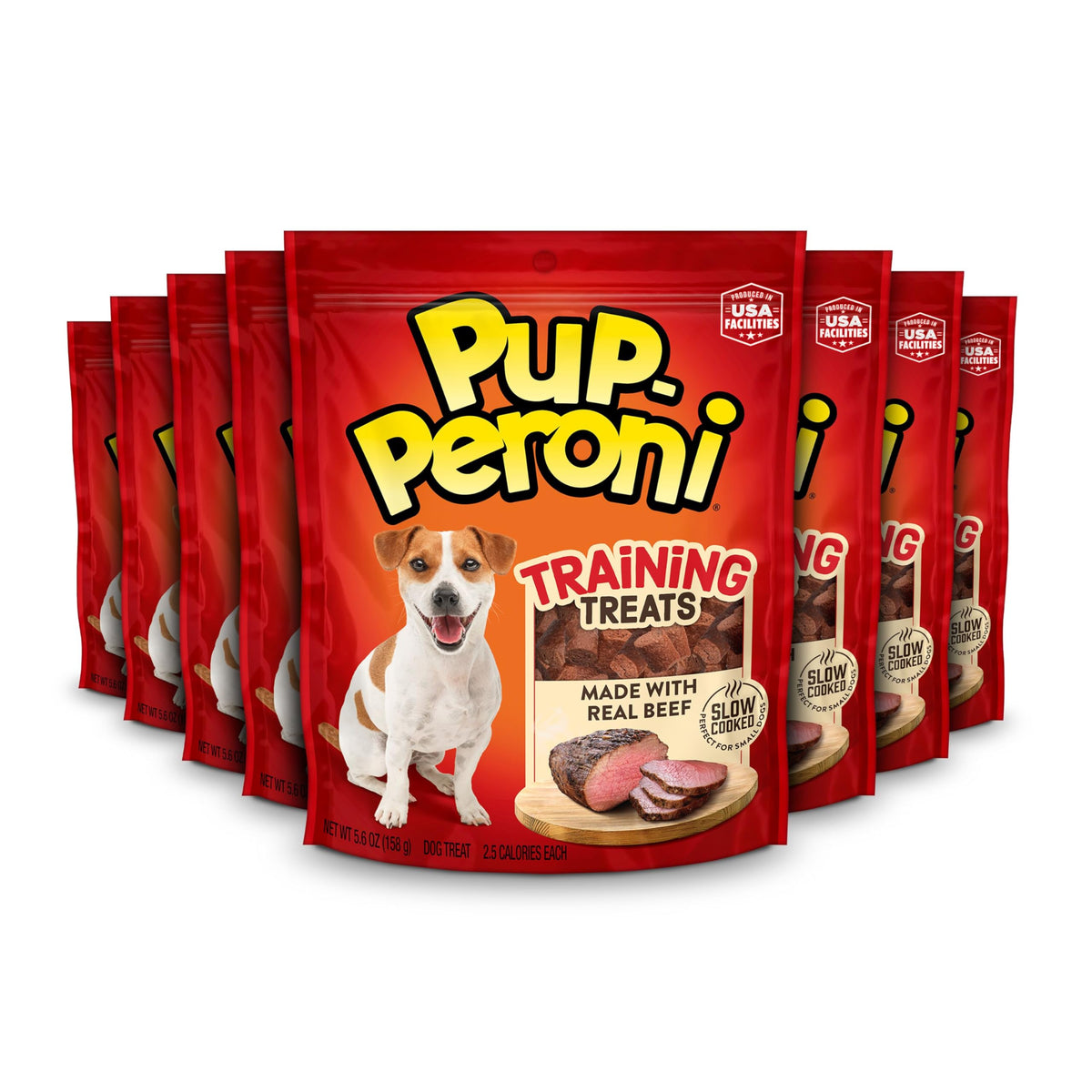Pup-Peroni front packaging showing eight 5.6 oz bags and clear branding for convenience