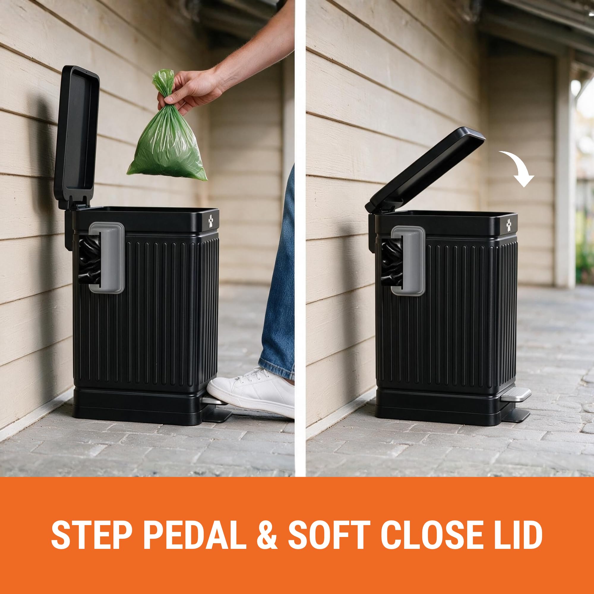 Pupzle placed in backyard setting demonstrating tidy, low-odor outdoor storage