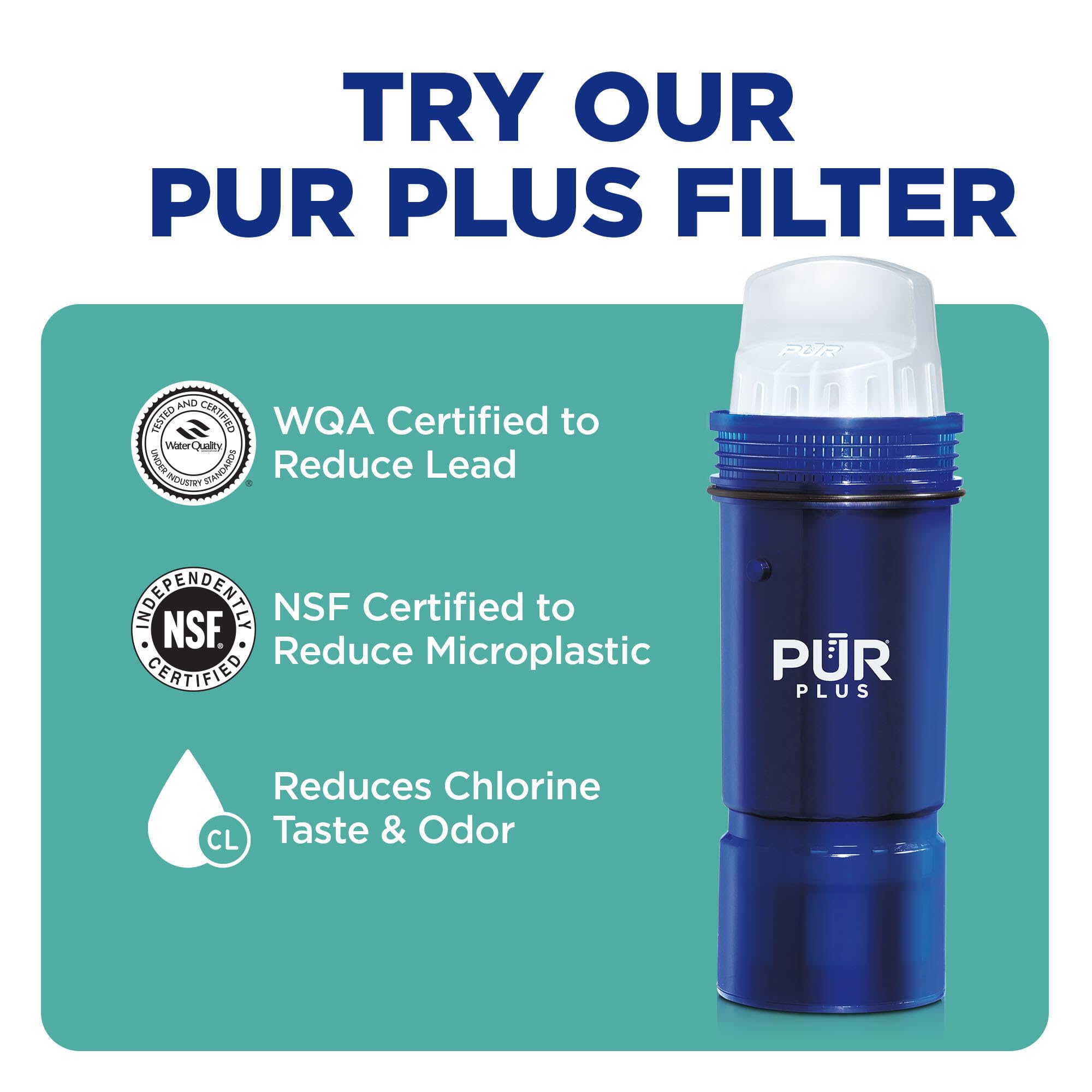 PUR filter in lifestyle scene with water glass for better tasting home hydration