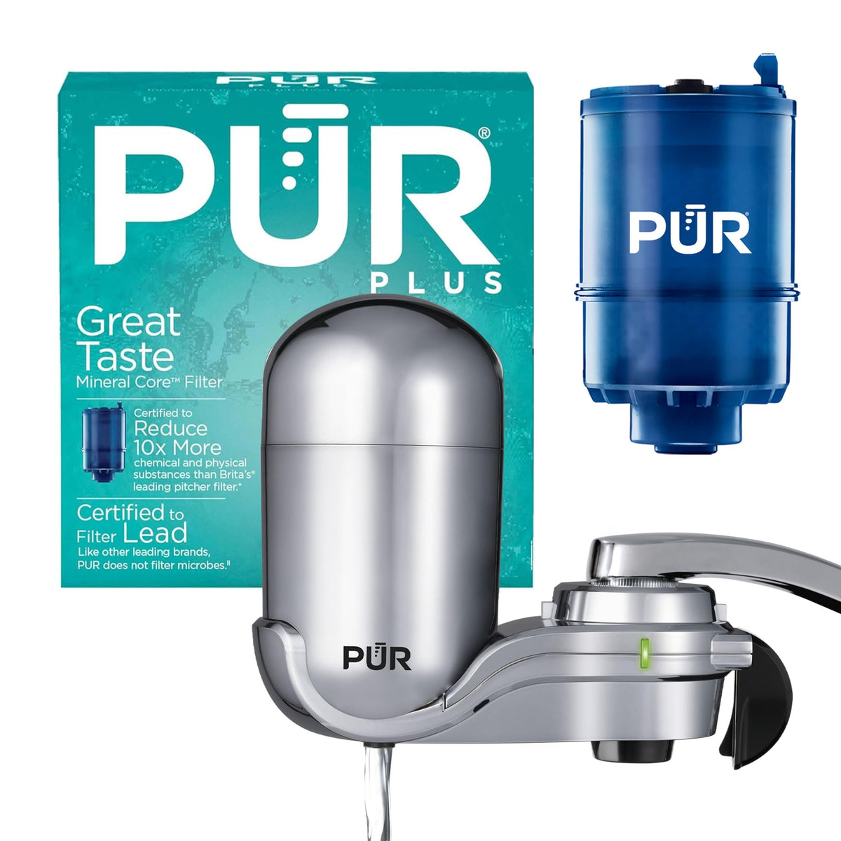 PUR chrome front view showing sleek faucet-mounted filter and compact design benefit
