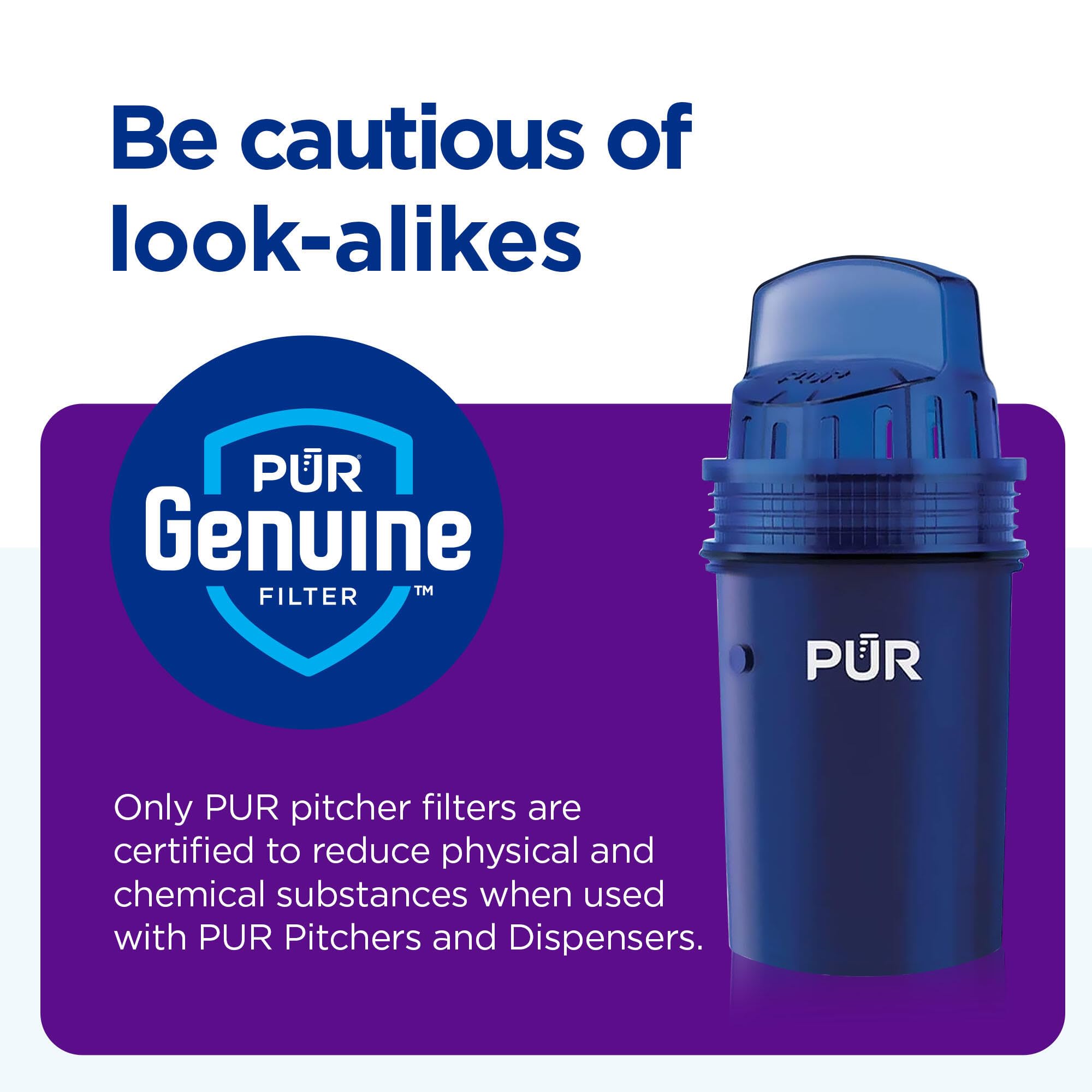 PUR two-pack box on kitchen counter highlighting convenient spare filters
