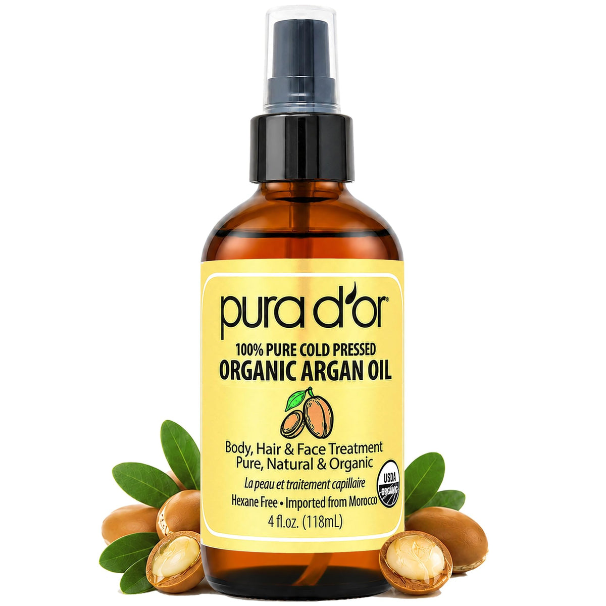 PURA D'OR front bottle view showing label and size, showcases premium purity