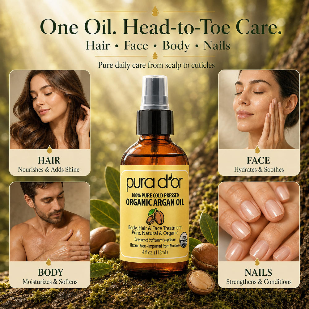 PURA D'OR hand applying oil to skin showing hydration and softening benefit