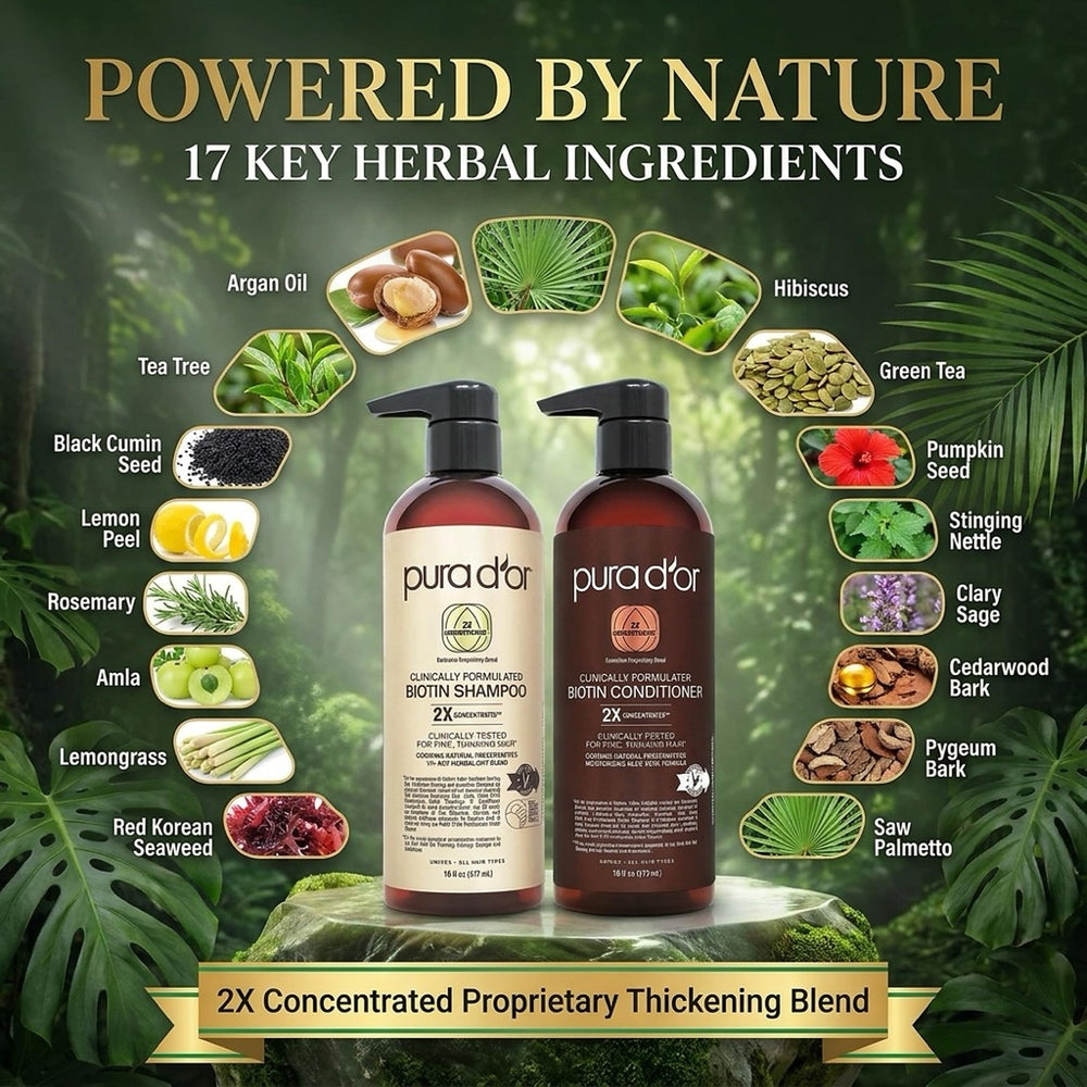 PURA D'OR botanical ingredient display highlighting natural extracts and benefits