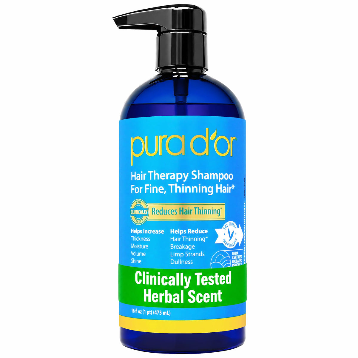 PURA D'OR bottle front view showing full-size 16oz and easy-grip design for everyday use