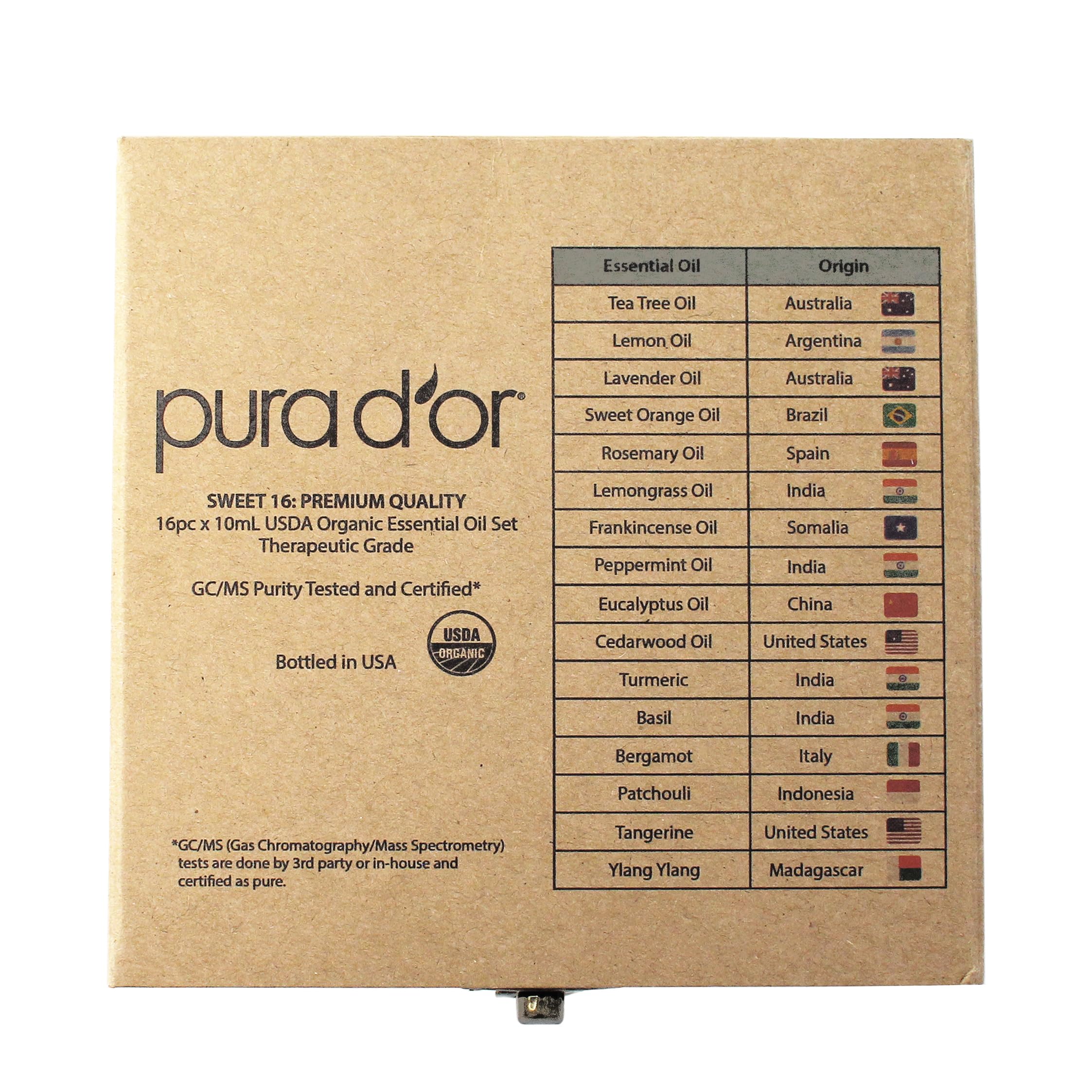 PURA D'OR labeled bottle detail showing GC/MS tested badge for verified purity benefit