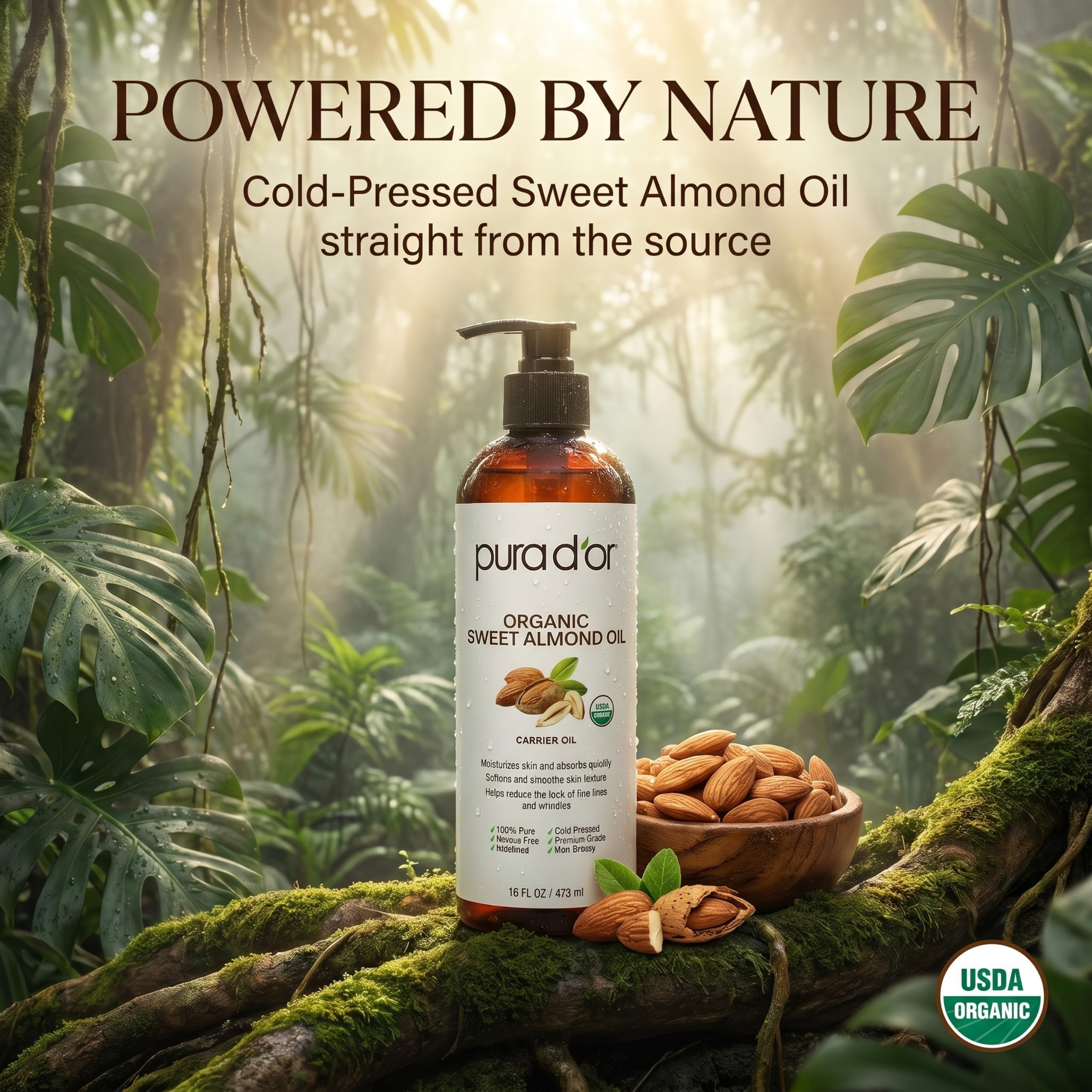 PURA D'OR cap and neck detail, demonstrates easy dispensing and quality seal