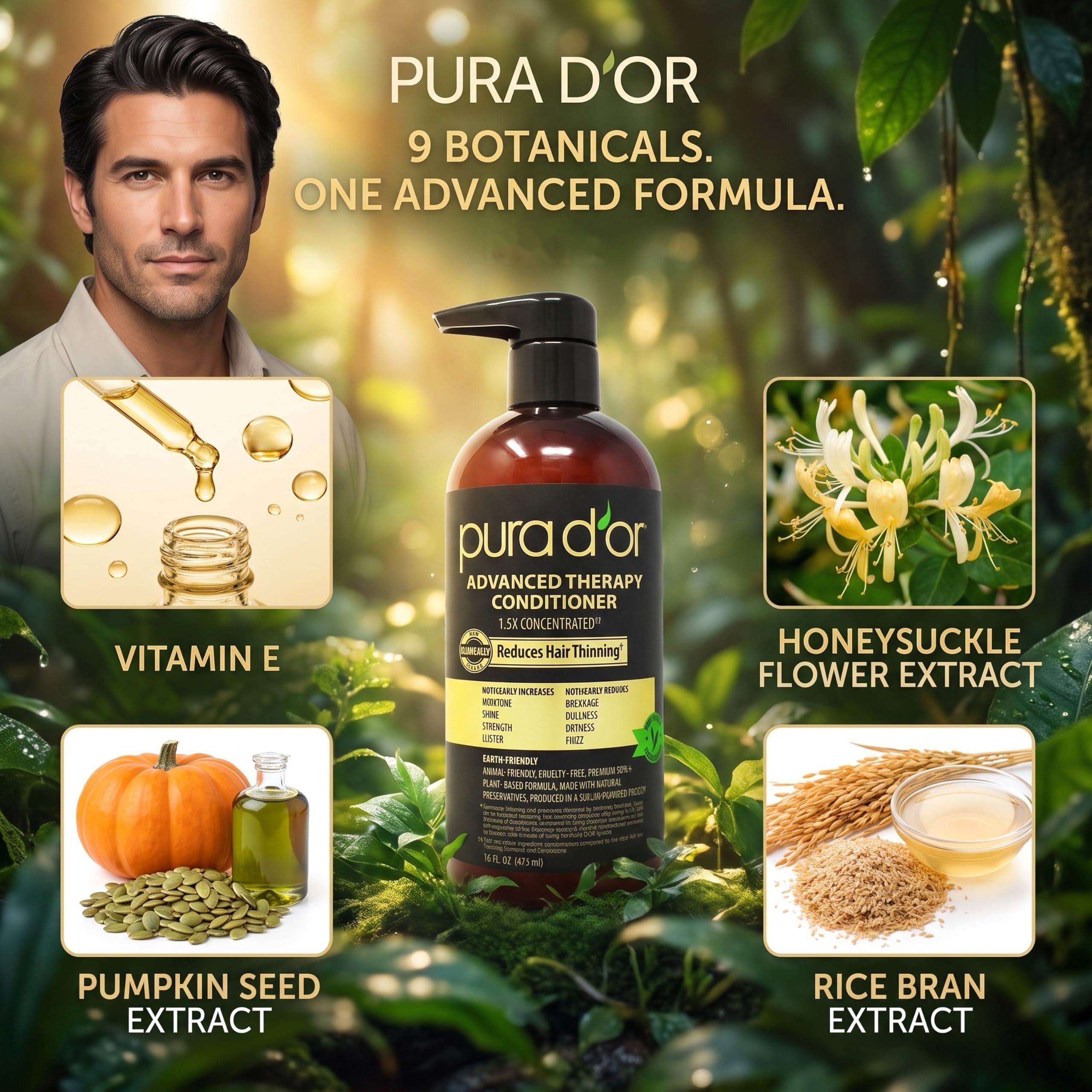 PURA D'OR label closeup highlighting sulfate and paraben free benefits