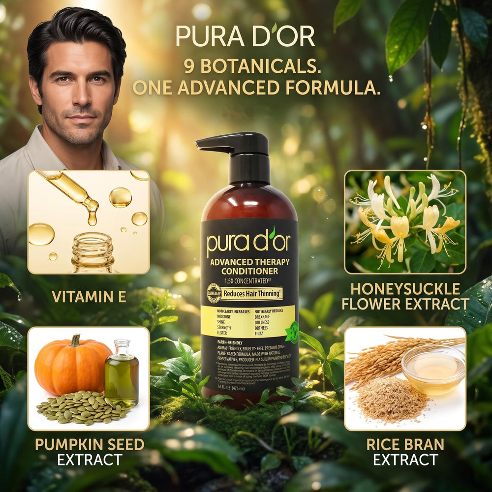 PURA D'OR label closeup highlighting sulfate and paraben free benefits