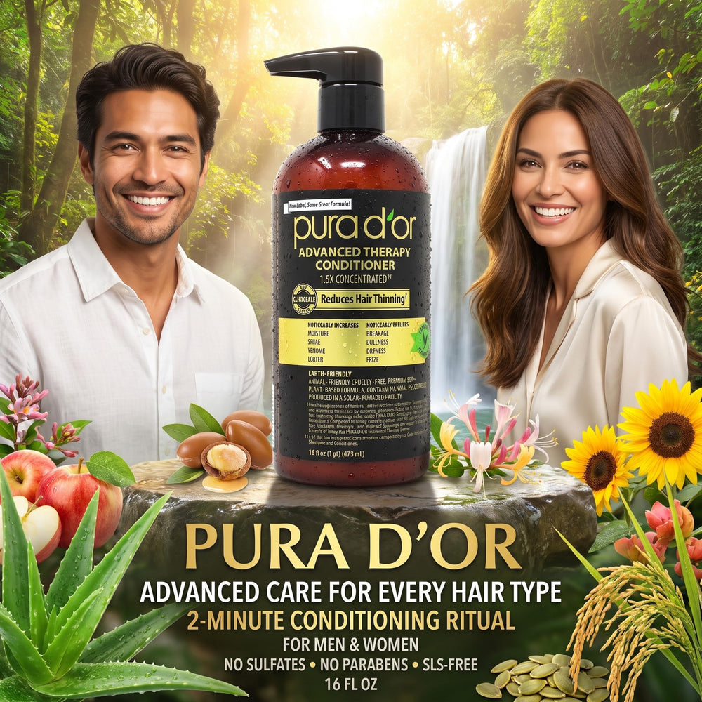 PURA D'OR bottle on bathroom shelf conveying clean, natural routine