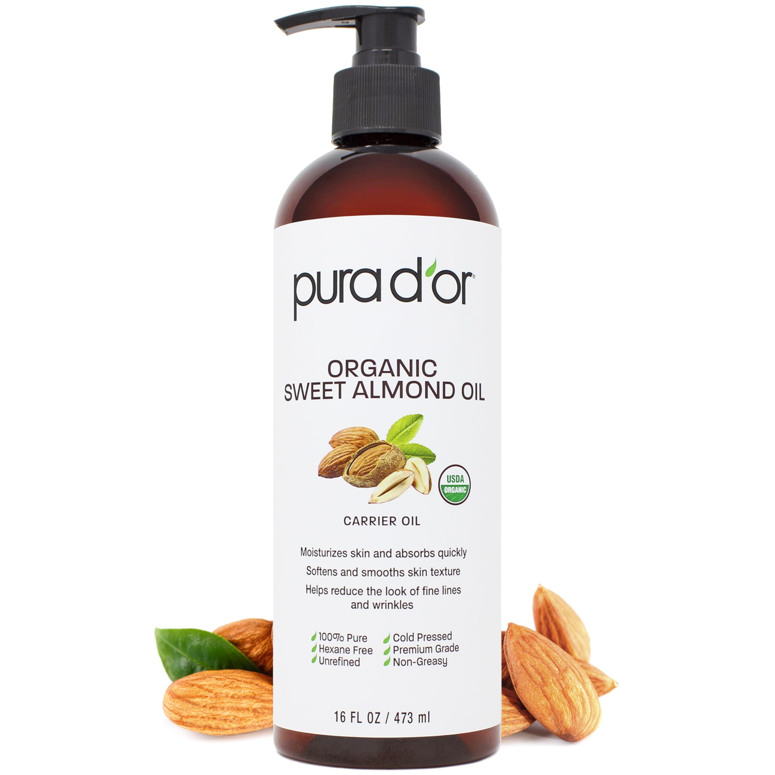 PURA D'OR front bottle showing label and organic claim, highlights purity