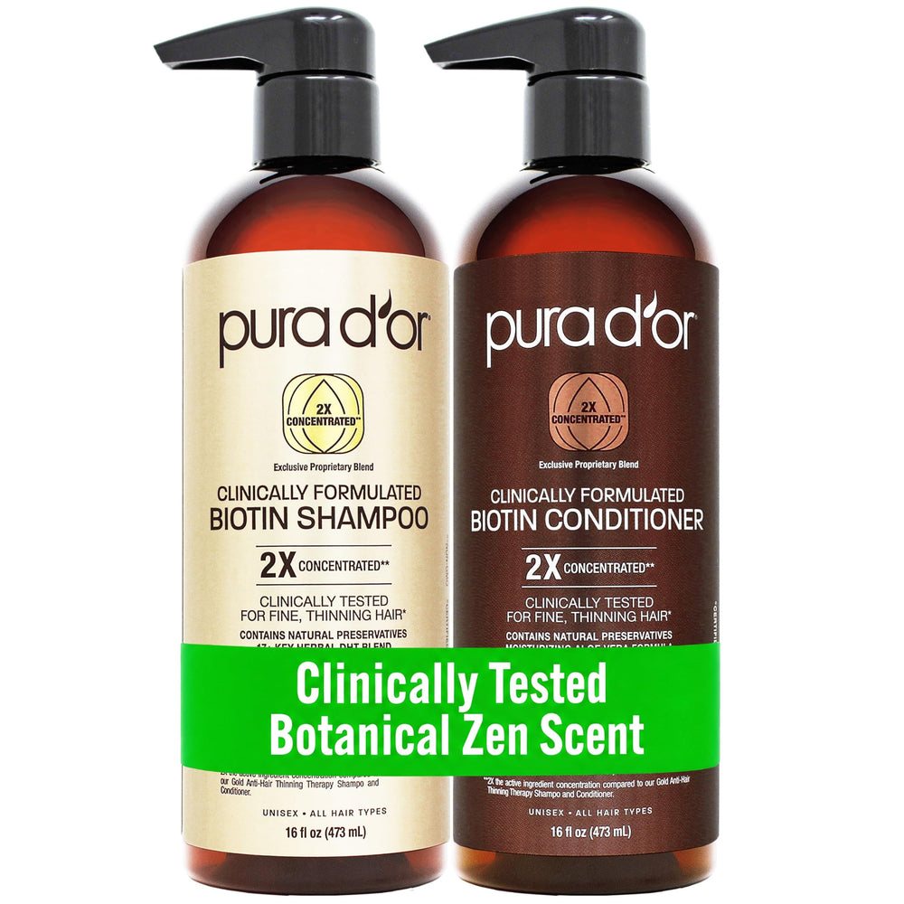 PURA D'OR front packaging showing 16oz shampoo and conditioner set, promotes fuller hair