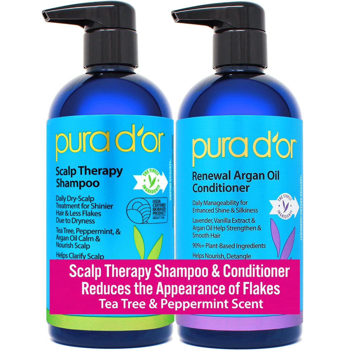 PURA D'OR front packaging showing two 16oz bottles and clear benefits