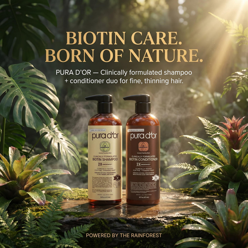 PURA D'OR lifestyle bathroom shelf image suggesting routine-ready haircare