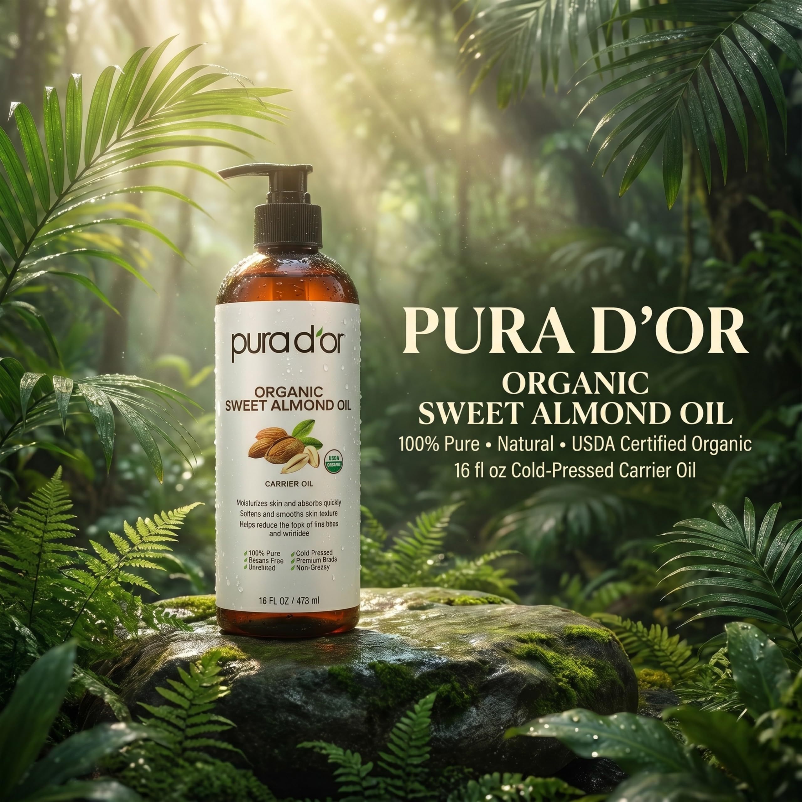 PURA D'OR pouring oil texture close-up, shows lightweight absorbency benefit